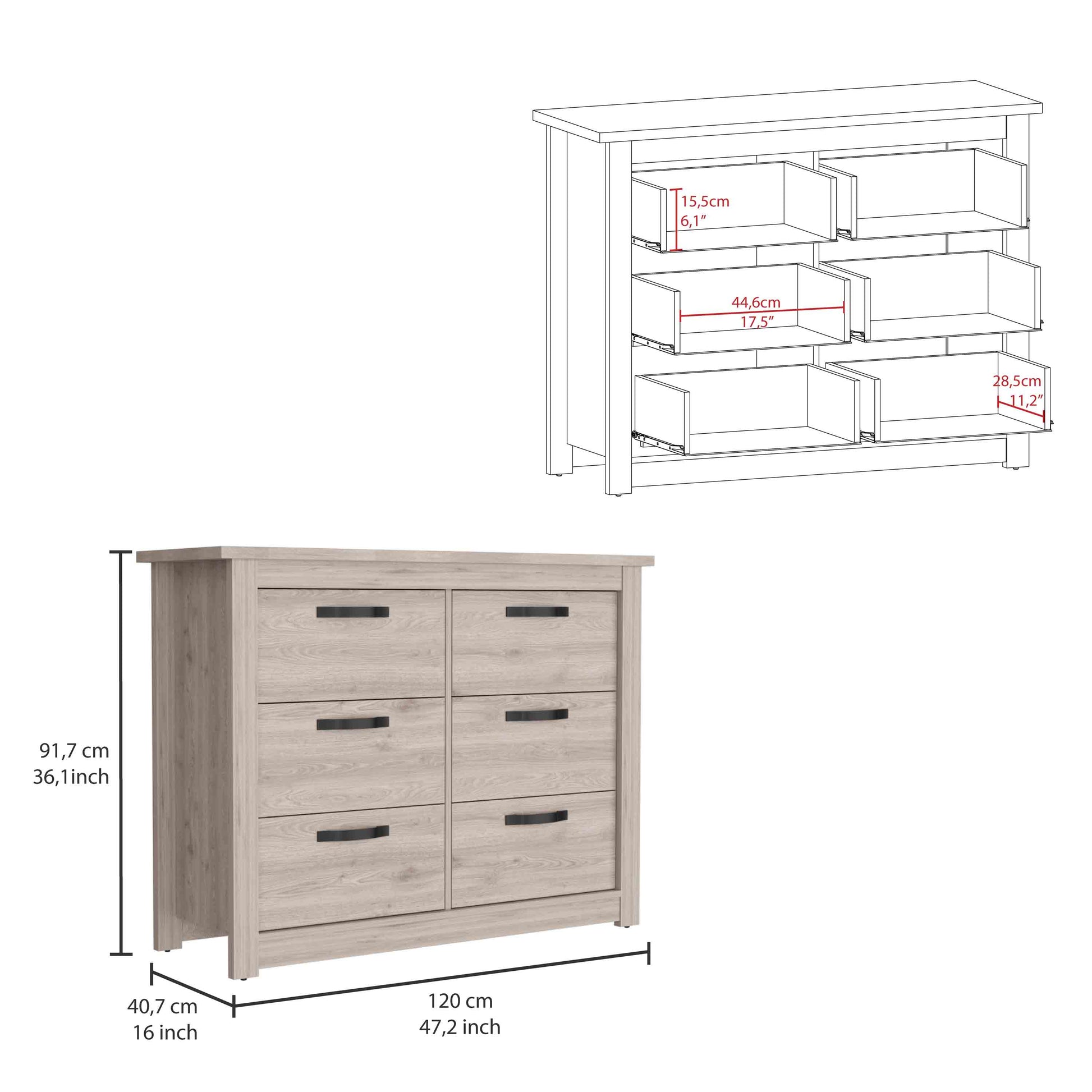 Becca 6 Drawer Double Dresserfour Legs, Metal Hardware Light Gray Gray Drawer 5 Drawers & Above Bedroom Shelf Modern Particle Board Particle Board