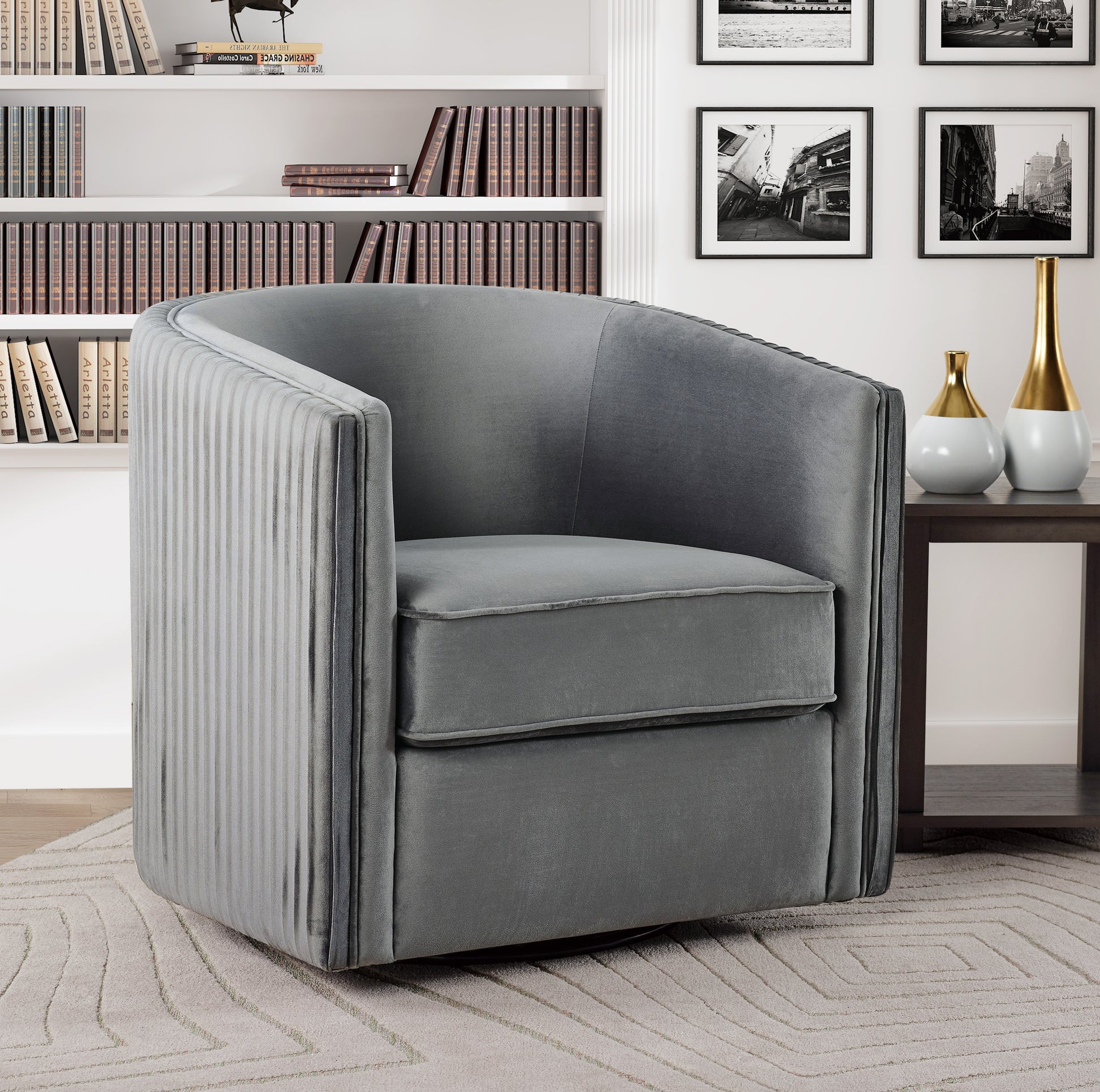 Classic Living Room Furniture 1Pc Swivel Accent Chair Gray Velvet Upholstery Pleated Detail Solid Wood Furniture 360 Degree Swivel Chair Tuxedo Arms Gray Primary Living Space Classic,Modern Solid Wood