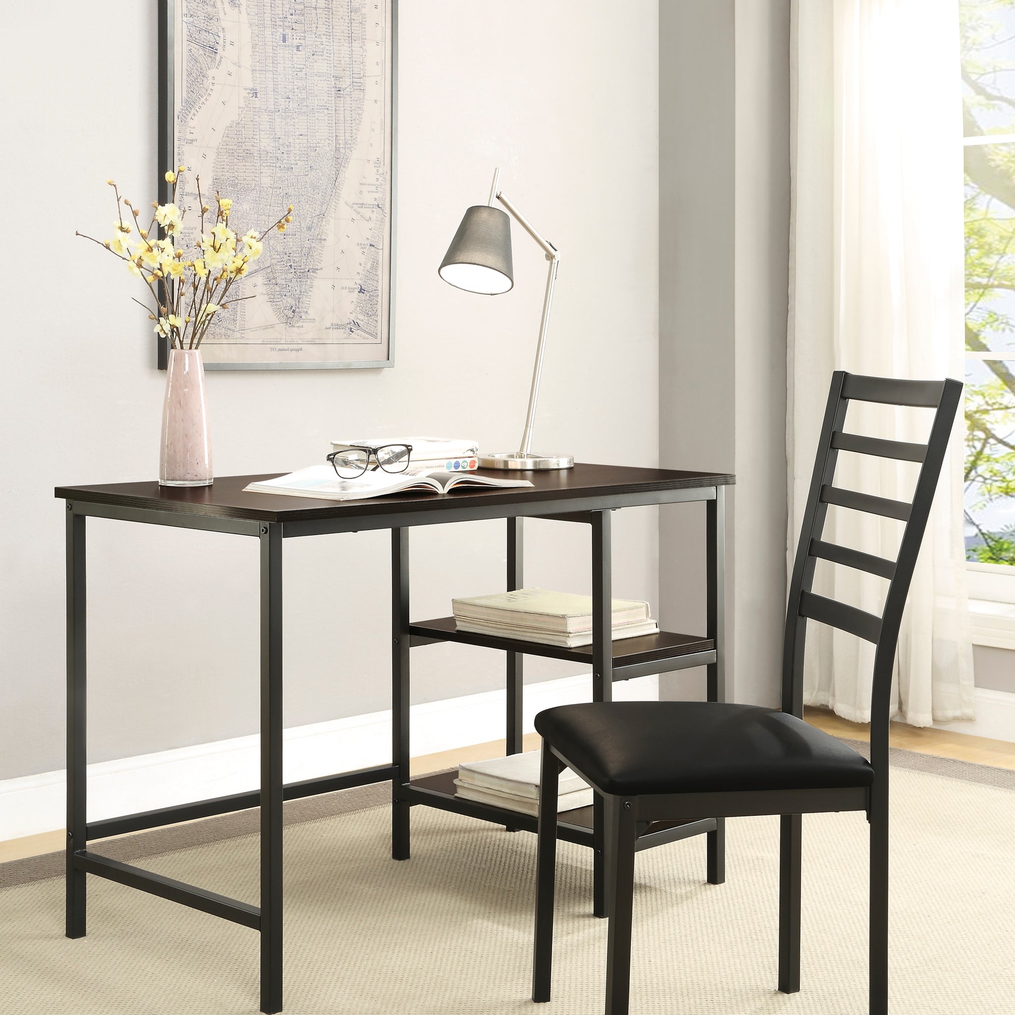 Black Finish 2 Piece Writing Desk Set With Chair Industrial Style Metal Frame Faux Leather Upholstery Black Desk And Chair Set Study Industrial Rectangular Open Storage Metal