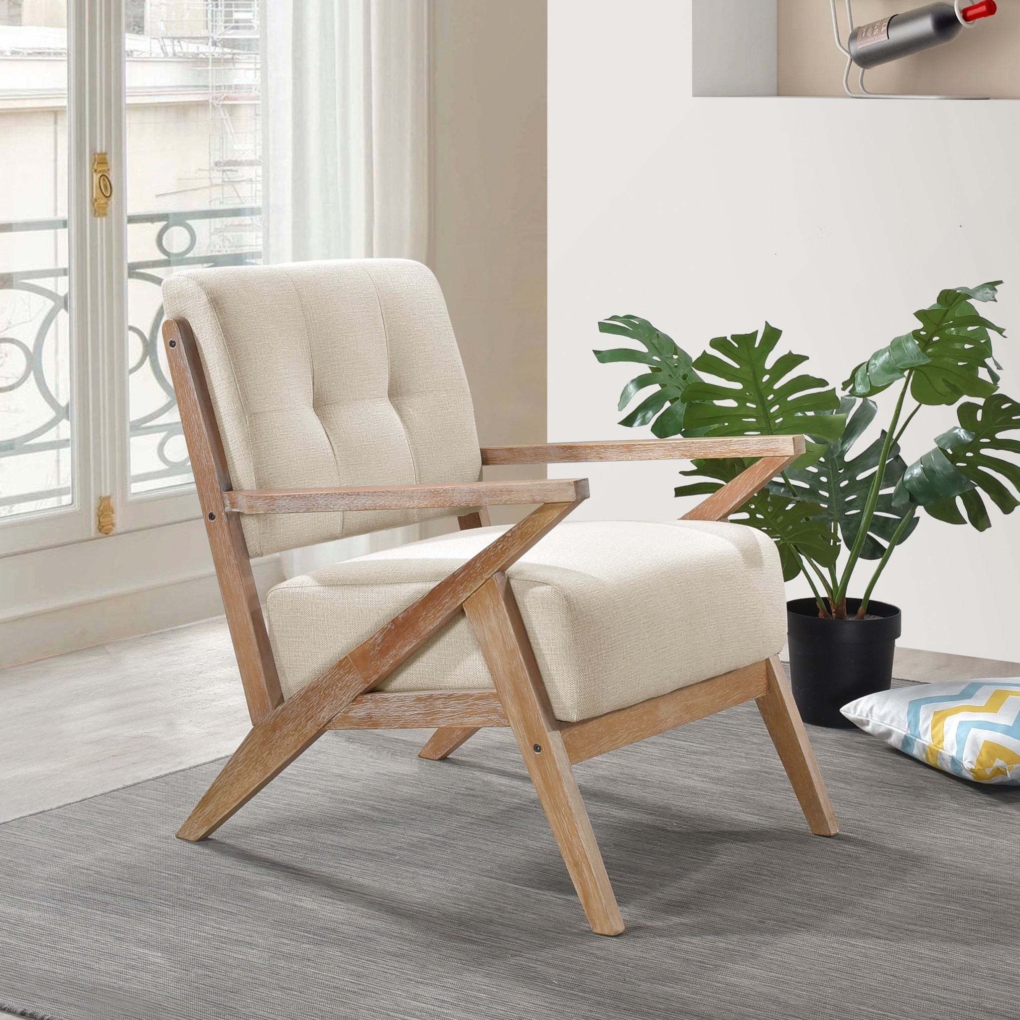 Modern Tufted Back Accent Chair 1Pc Sand Hued Fabric Upholstery Antique Finish Solid Rubberwood Unique Design Furniture Sand Primary Living Space Modern,Rustic Rubberwood Solid Wood