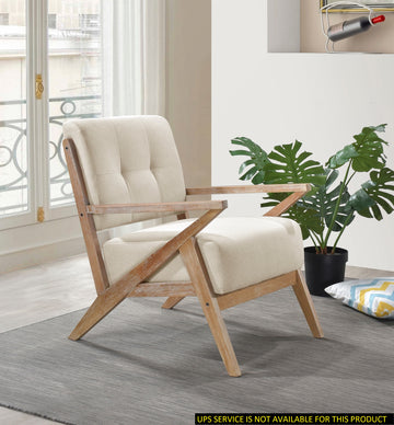Modern Tufted Back Accent Chair 1Pc Sand Hued Fabric Upholstery Antique Finish Solid Rubberwood Unique Design Furniture Sand Primary Living Space Modern,Rustic Rubberwood Solid Wood