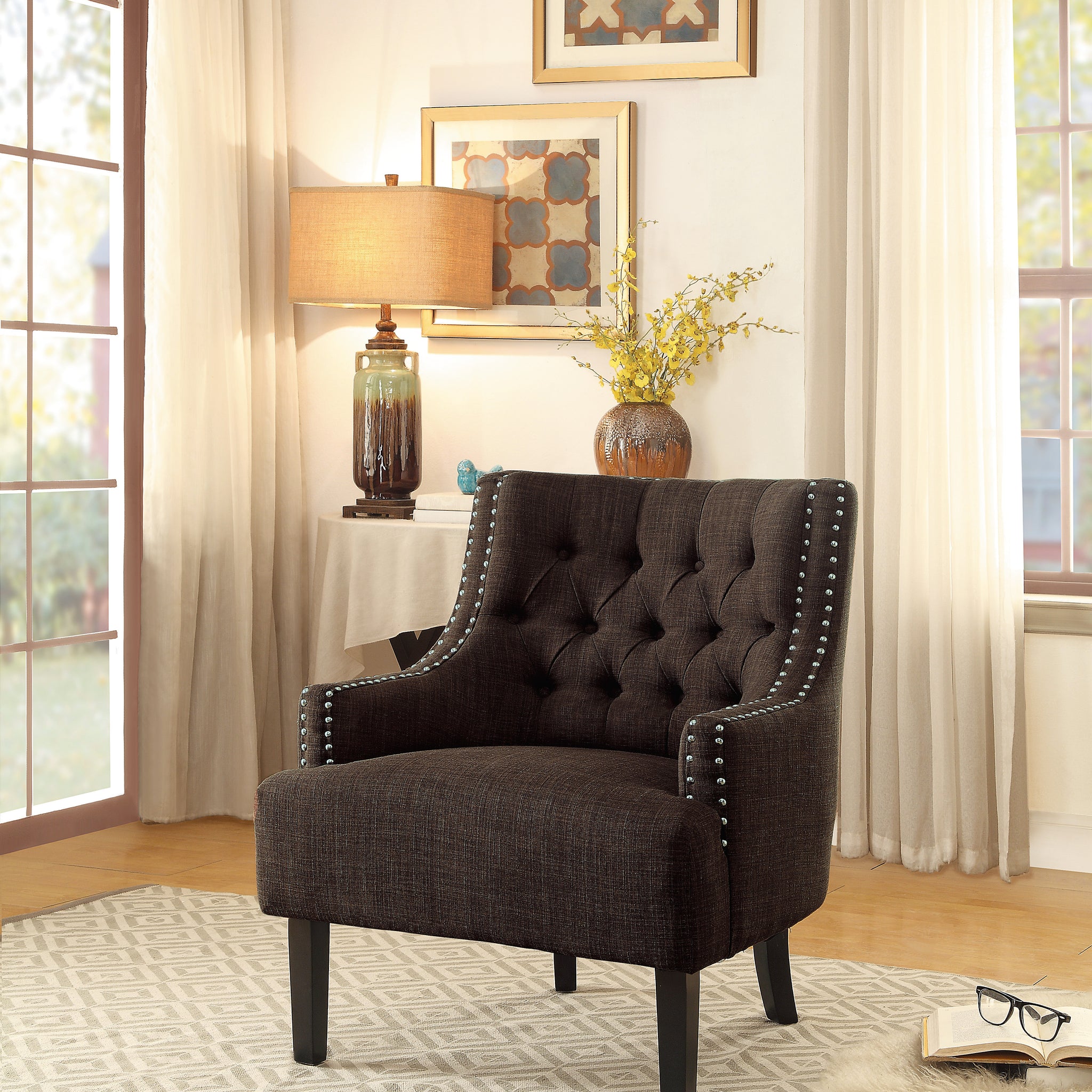 Modern Traditional Accent Chair Button Tufted Chocolate Hued Textured Fabric Upholstery Solid Wood 1Pc Living Room Furniture Chocolate Primary Living Space Modern,Traditional Solid Wood