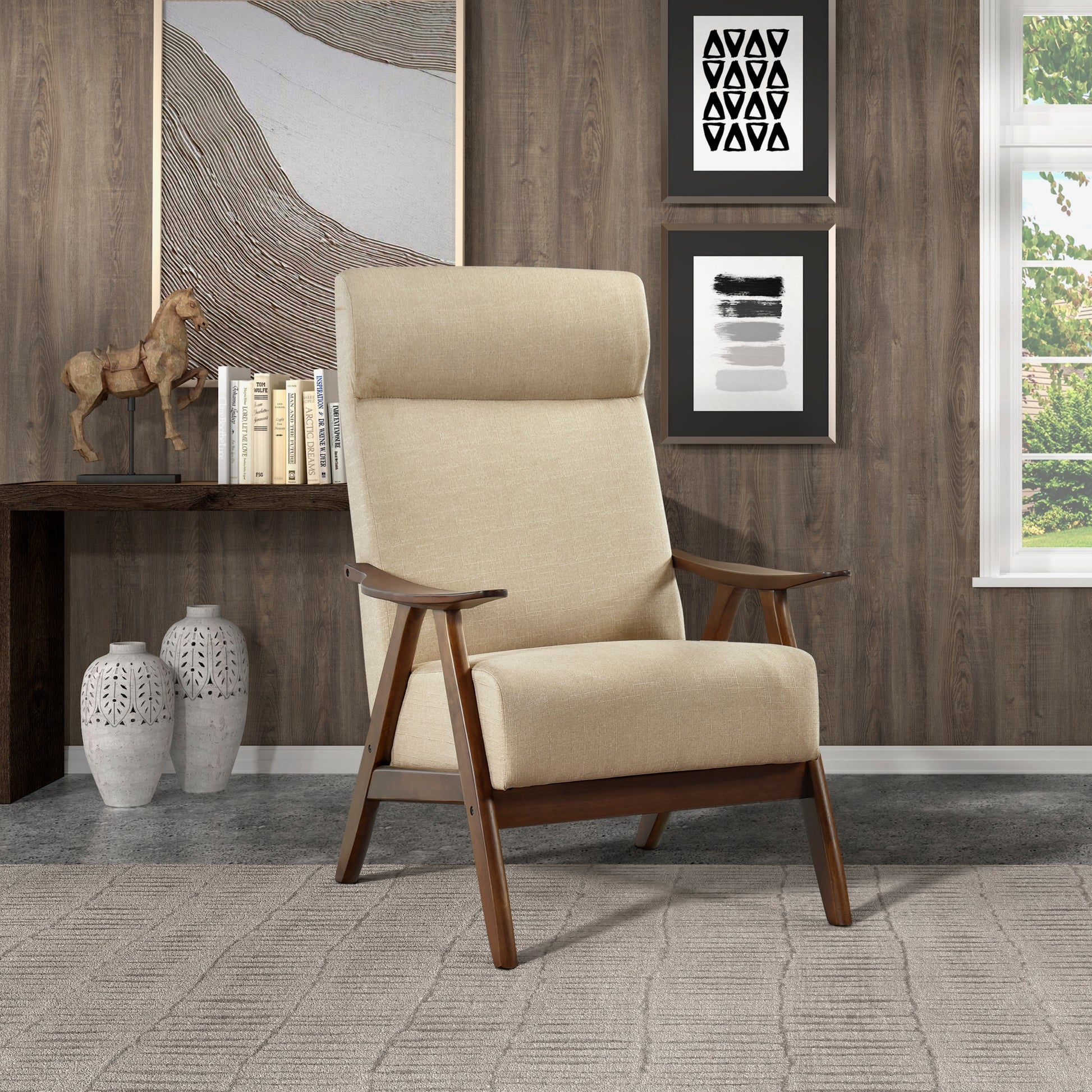 Modern Accent Chair 1Pc Light Brown High Back Chair Cushion Seat And Back Walnut Finish Solid Wood Living Room Furniture Light Brown Primary Living Space Modern,Traditional Rubberwood Solid Wood