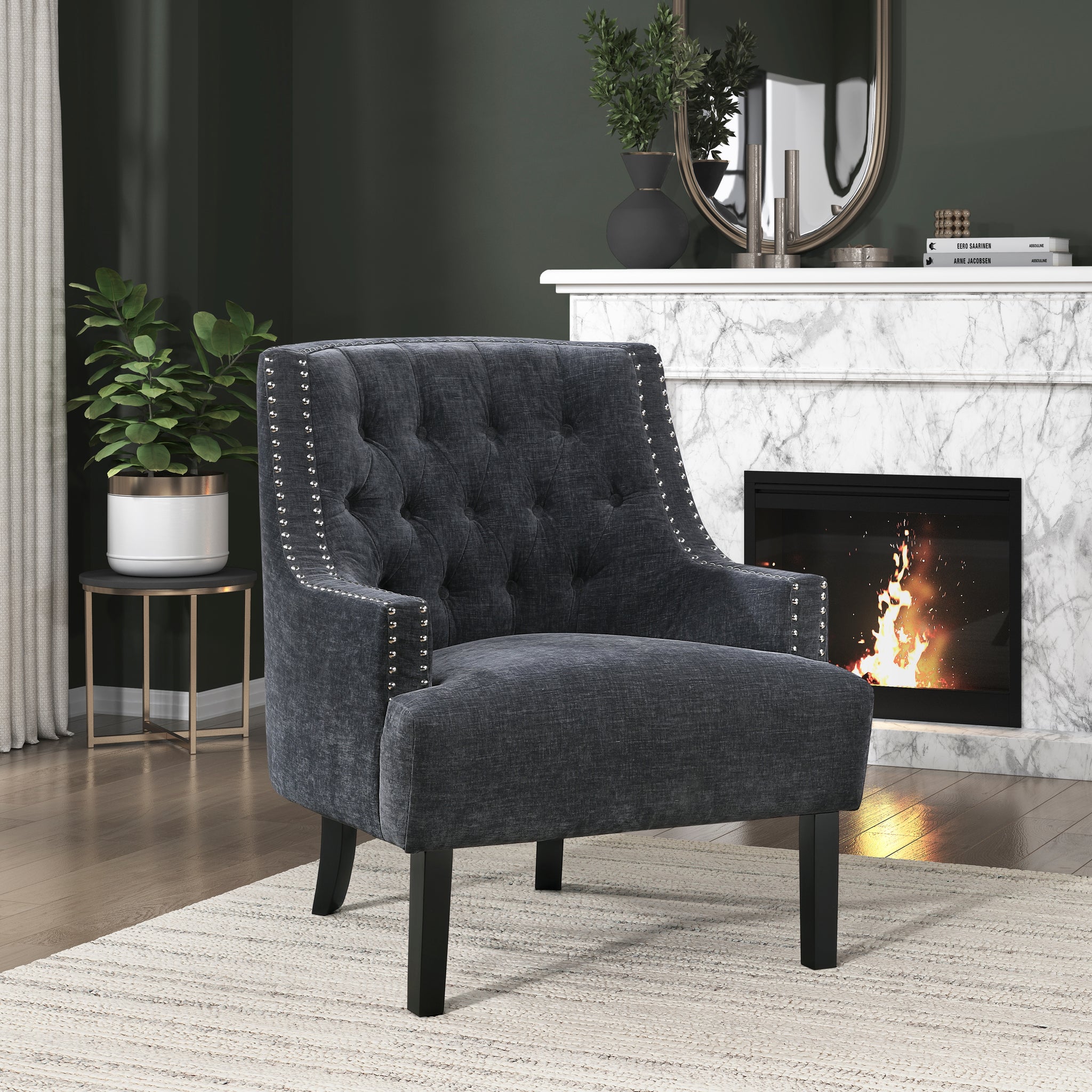 Modern Traditional Accent Chair Black Chenille Upholstery Button Tufted Solid Wood 1Pc Living Room Furniture Black Primary Living Space Modern,Traditional Solid Wood