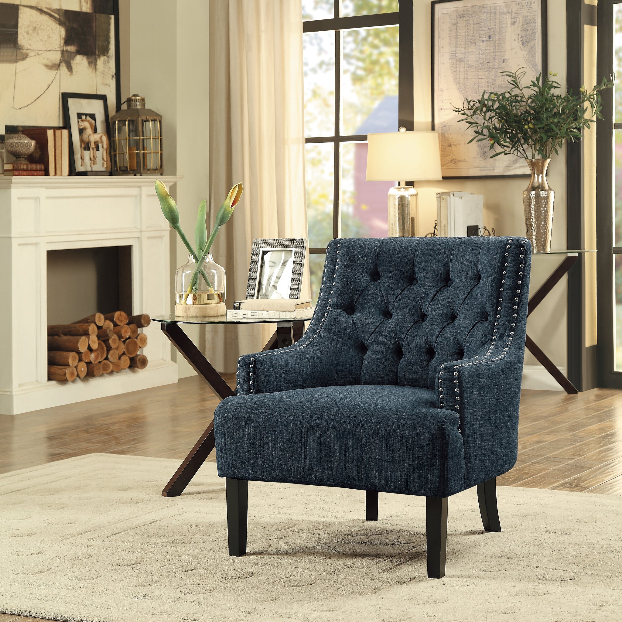 Modern Traditional Accent Chair Button Tufted Bluetextured Fabric Upholstery Solid Wood 1Pc Living Room Furniture Indigo Primary Living Space Modern,Traditional Solid Wood