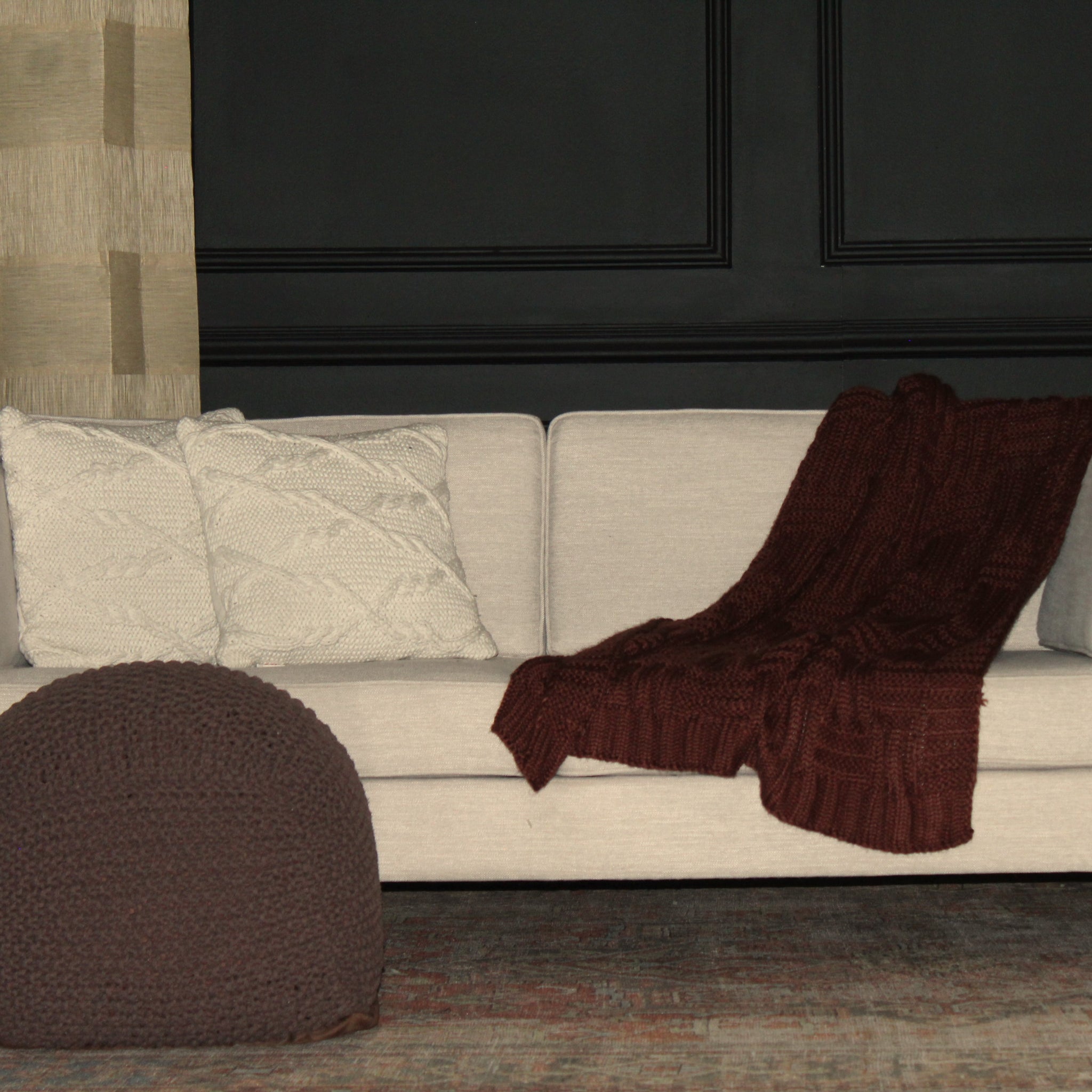Semi Rounded Pouf Cable Knitted Handmade Perfect Seating For Children And Adults Footrest For Living Room Or Bedroom 100% Cotton Pouf 21" X 21" X 18" Brown Cotton
