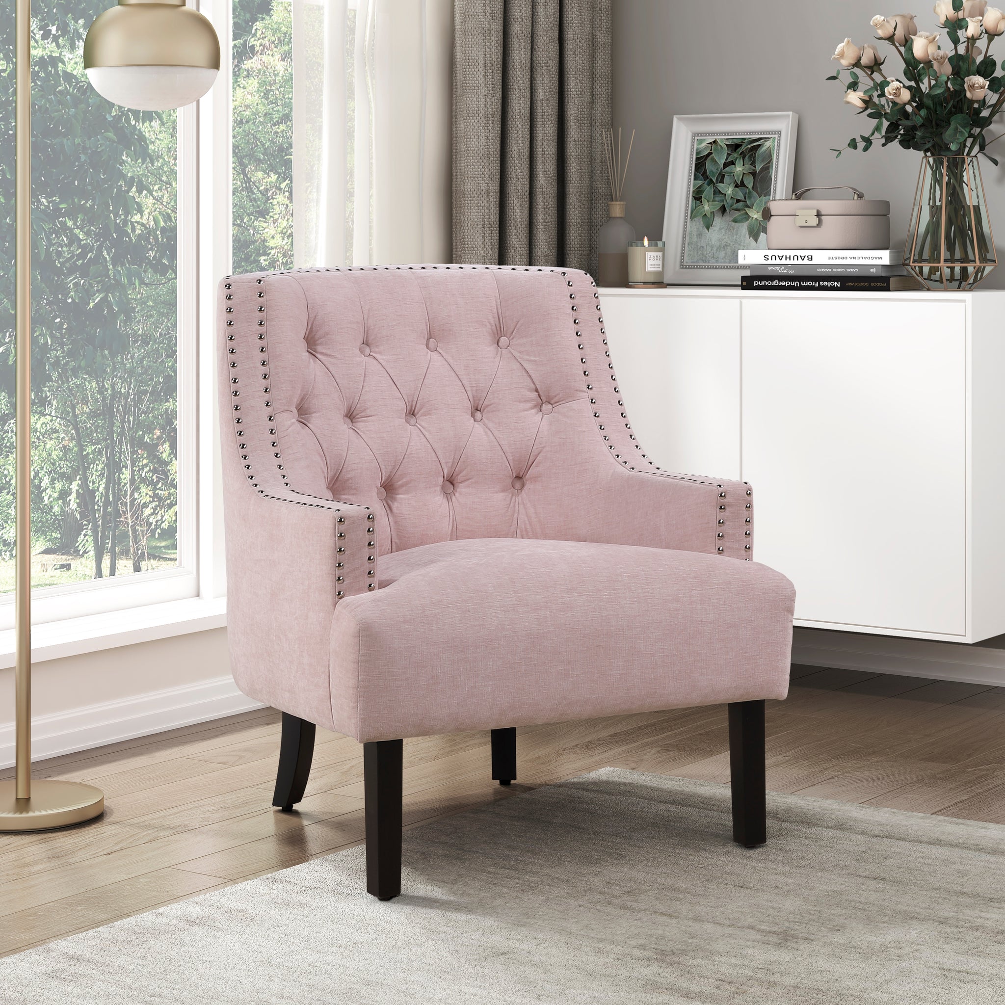 Modern Traditional Accent Chair Pink Chenille Upholstery Button Tufted Solid Wood 1Pc Living Room Furniture Pink Primary Living Space Modern,Traditional Solid Wood