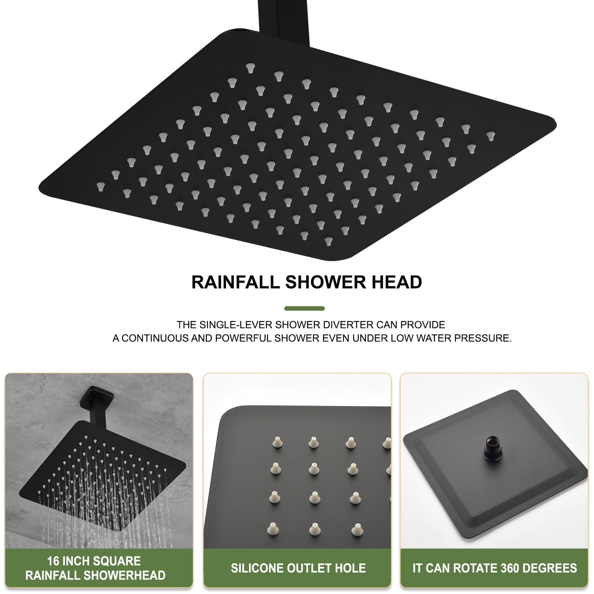 16 Inch Square Rain Shower Head Matte Black 304 Stainless Steel Showerhead Matte Black Bathroom Stainless Steel