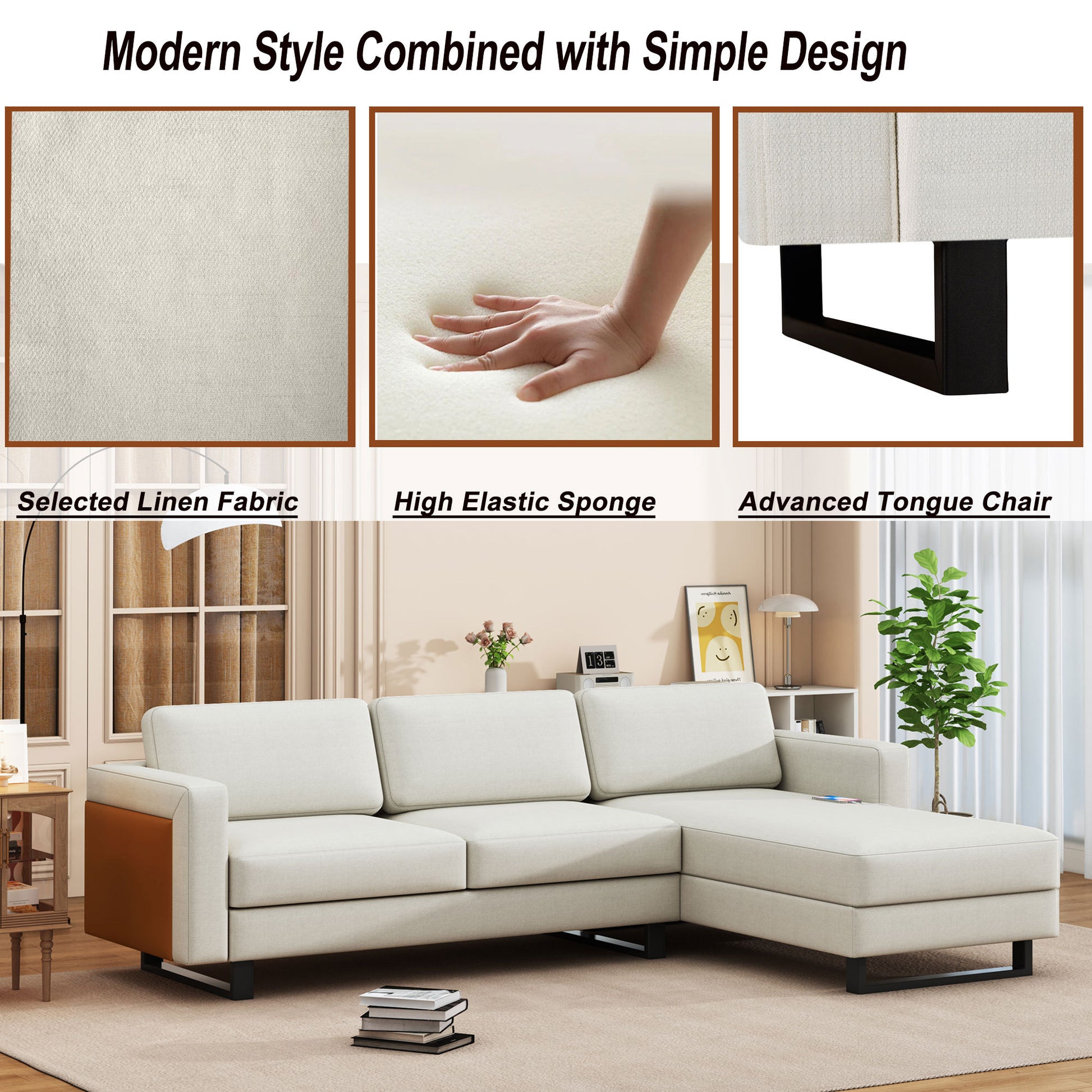 Sofa The Best Choice Products Upholstered Sectional Sofa For Families, Apartments, Dormitories, Award Rooms, Compact Space With Chaise Longue, 3 Seats, L Shaped Design, Off White Cream White Linen Dining Room Medium Soft Metal & Wood 3 Seat