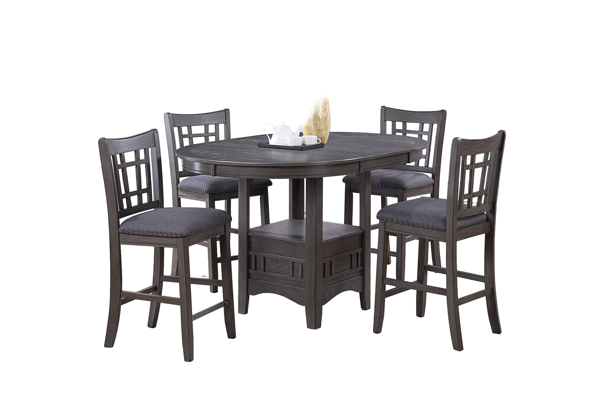 Dining Table Round Counter Height Dining Table W Shelve 1Pc Table Only Built In Leaf Solid Wood Gray Finish Gray Gray Dining Room Contemporary,Modern Rubberwood Oval Solid Wood