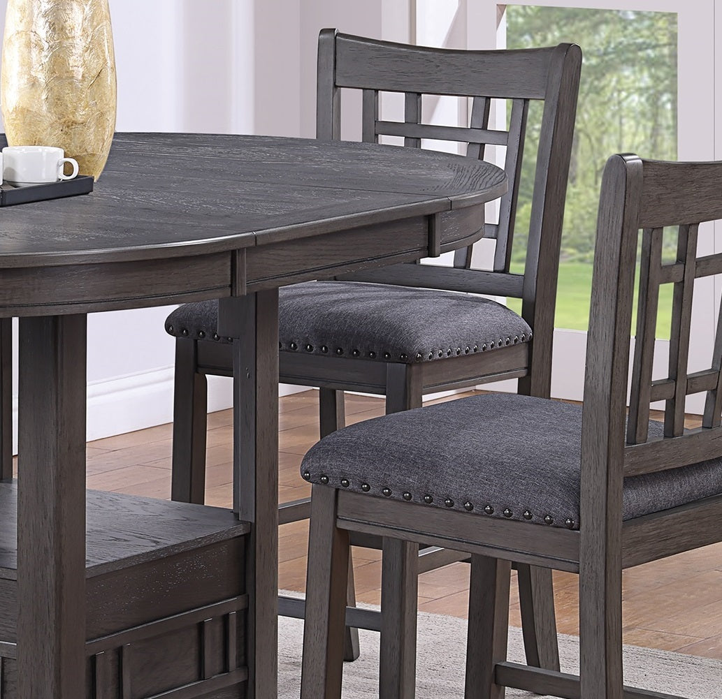 Contemporary Dining Room Counter Height 5Pc Dining Set Round Table W Leaf And 4X Side Chairs Gray Finish Solid Wood Light Brown Wood Dining Room Solid Wood Rubberwood Round Dining Table With Chair Wood Wood Gray Seats 4 42 Inches Drop Leaf