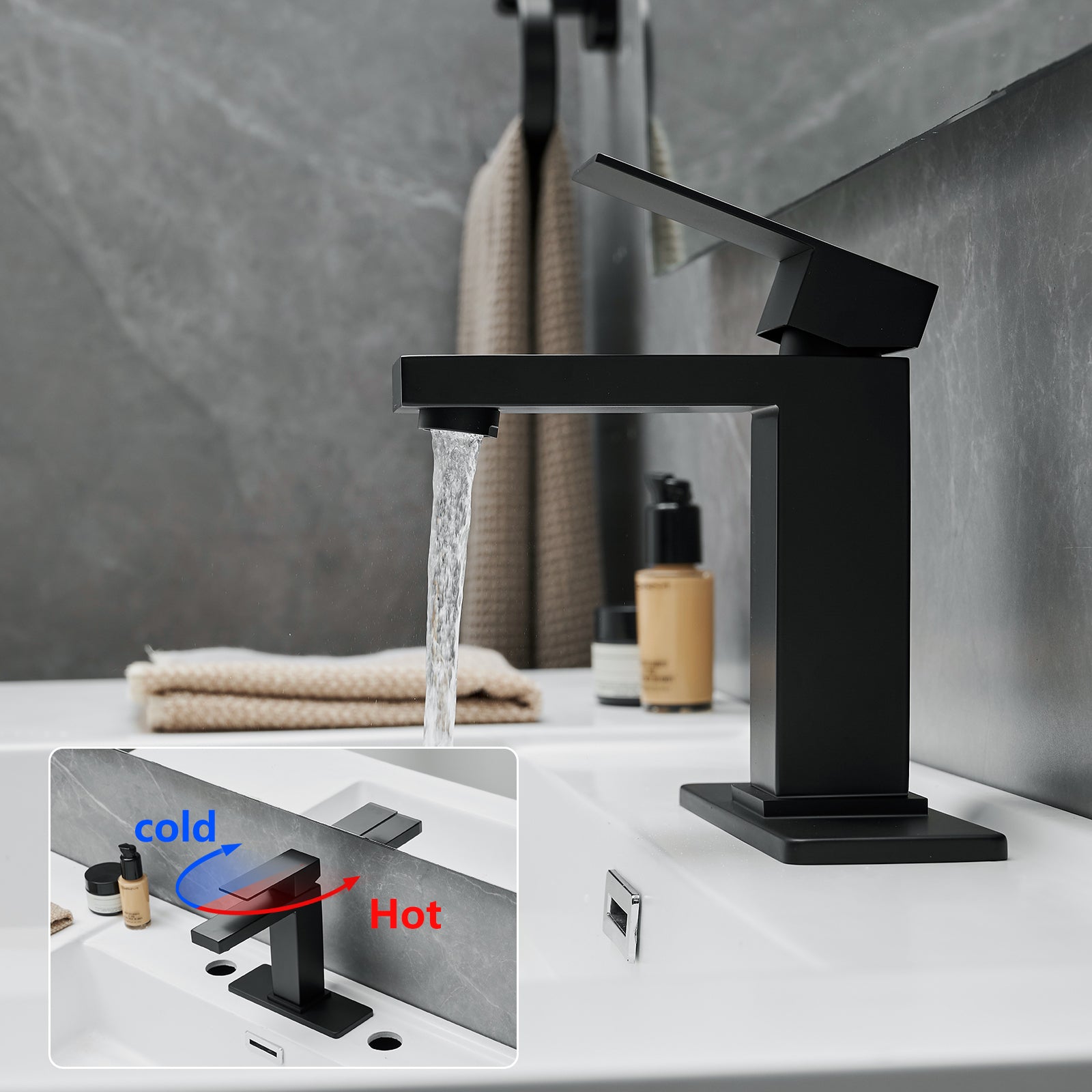 Sink Faucet With Deck Plate Waterfall Black With Pop Up Drain And Supply Lines Bathroom Faucets For Sink 1 Hole One Handle Faucets Vanity Bath Mixer Tap Bathroom Joystick Geometric One Black Side Sprayer Deck Mounted Cartridge Valve Single Hole Faucets