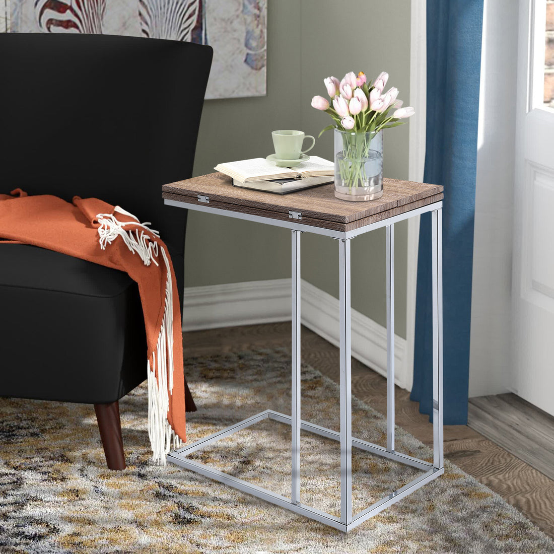 Weathered Oak And Chrome Side Table Oak Silver Primary Living Space Industrial Rectangular Wood Metal Sled