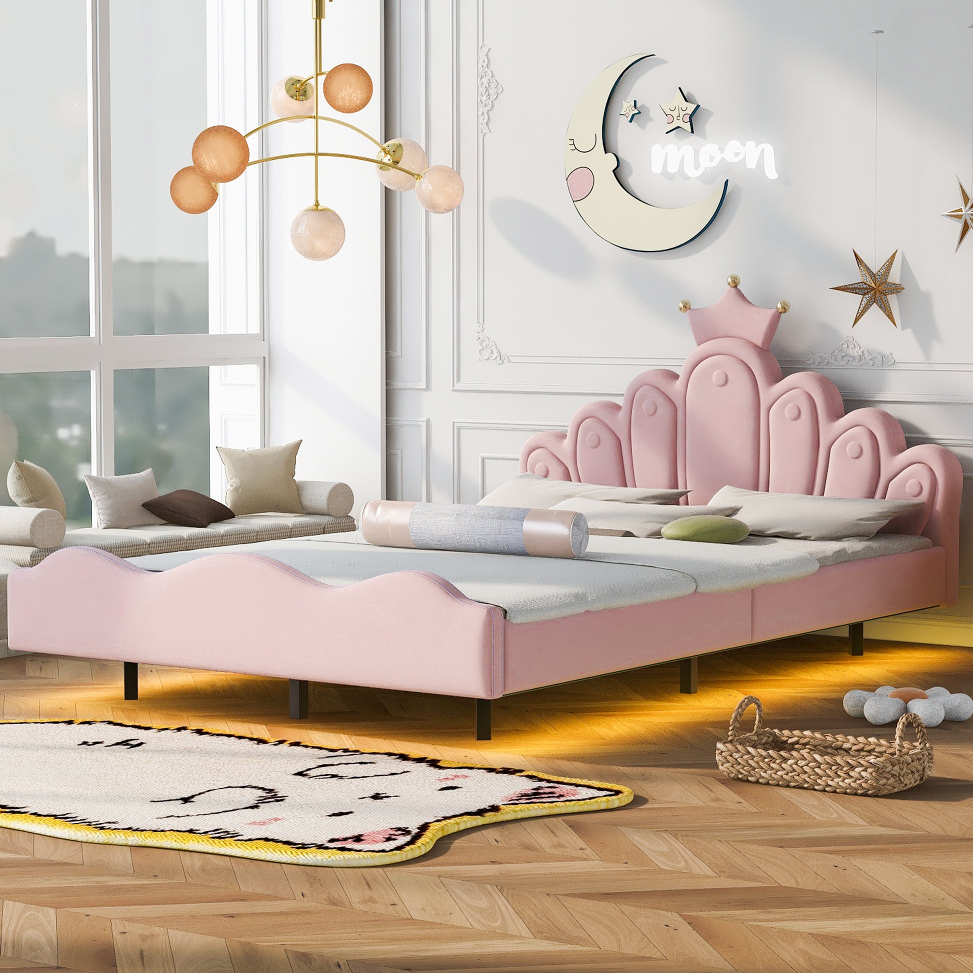Full Size Crown Shaped Princess Bed, Soft Pu Leather Padding, Adjustable Led Ambient Light Strip, Pink Box Spring Not Required Full Pink Wood Bedroom Upholstered