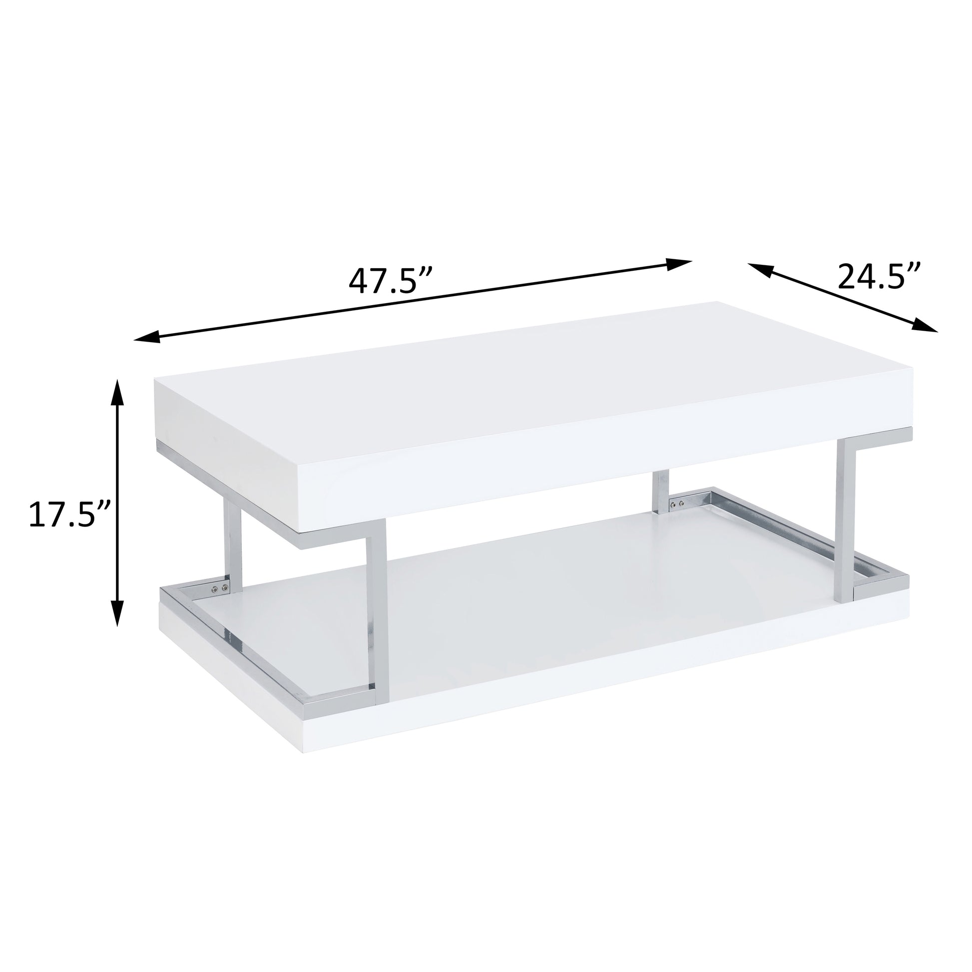 White High Gloss And Chrome Coffee Table With Bottom Shelf White Silver Primary Living Space Modern Shelves Rectangular Wood Metal Sled