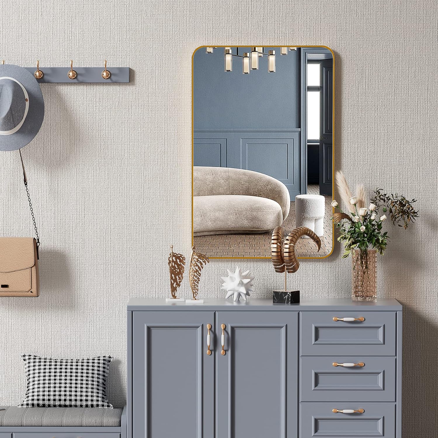 Gold 24X36 Inch Metal Rectangle Barhroom Mirror Gold Classic Mdf Glass Aluminium