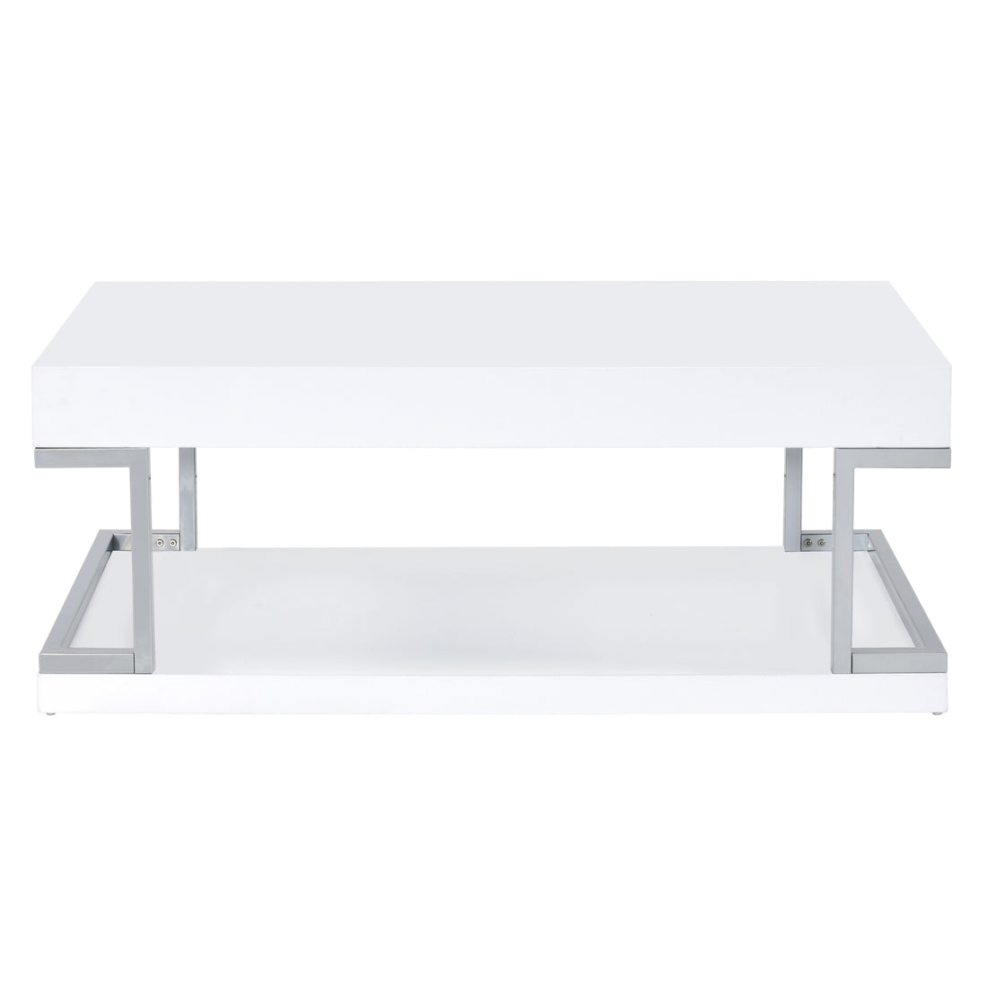 White High Gloss And Chrome Coffee Table With Bottom Shelf White Silver Primary Living Space Modern Shelves Rectangular Wood Metal Sled
