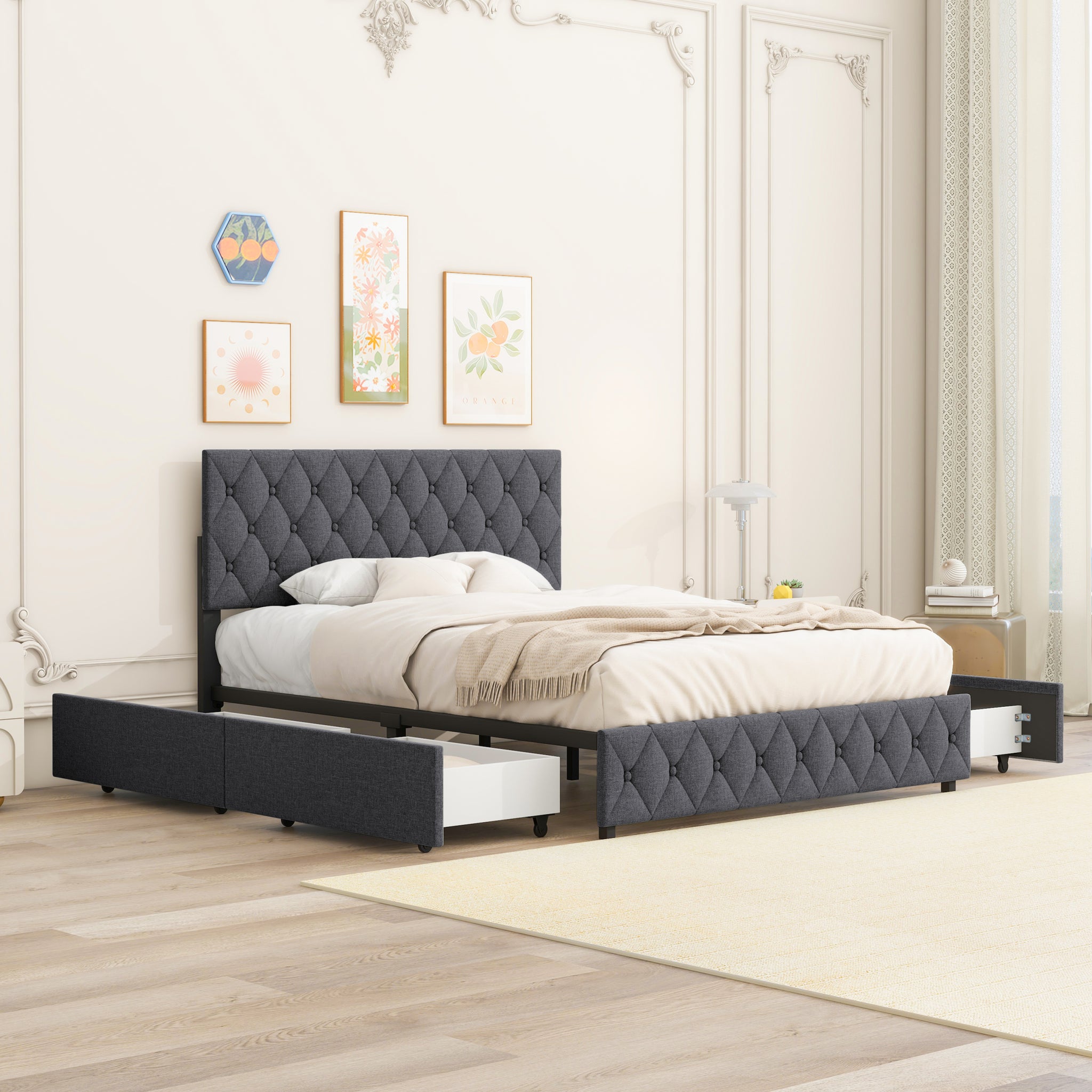 Queen Size Upholstered Platform Bed Frame With 4 Storage Drawers, Adjustable Linen Headboard, Wooden Slats Support, No Box Spring Needed, Easy Assembly,Grey Box Spring Not Required Queen Grey Wood Bedroom American Design Bed Frame Linen Linen