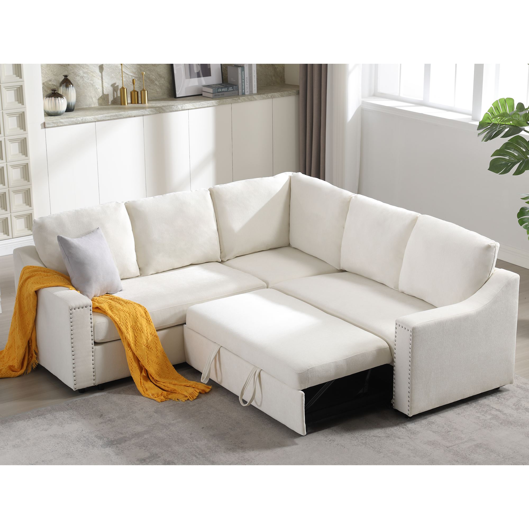 Arrived L Shaped Sofa With Pull Out Sofa Bed, Corner Sofa,Comfortable Living Room Furniture Set, Sleeper Sofa Bed,Corner Seat For Two With Broaching Sofa,Rivet Dechenille,Beige Beige Polyester Wood Primary Living Space Modern Polyester 5 Seat