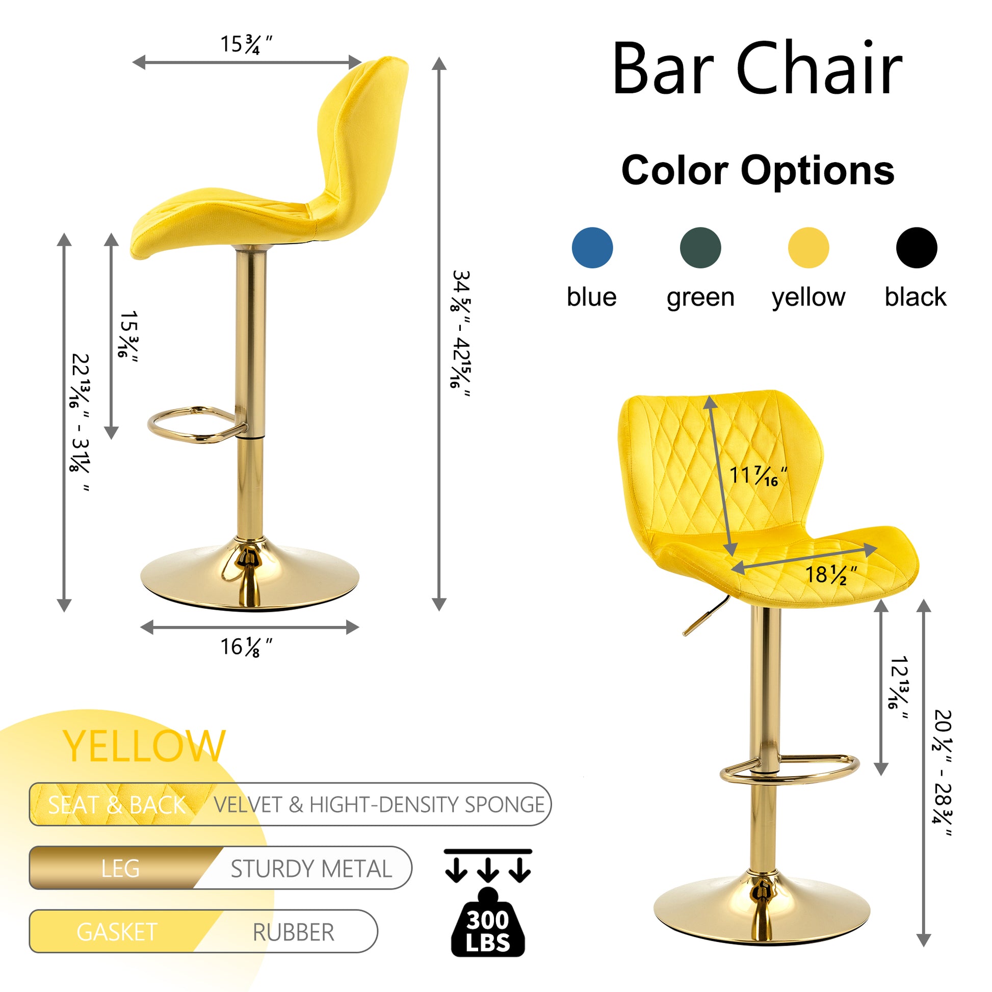 Yellow Velvet Adjustable Swivel Bar Stools Set Of 2 Modern Counter Height Barstools With Golden Color Base Yellow Primary Living Space Modern Bar Stools Foam Velvet