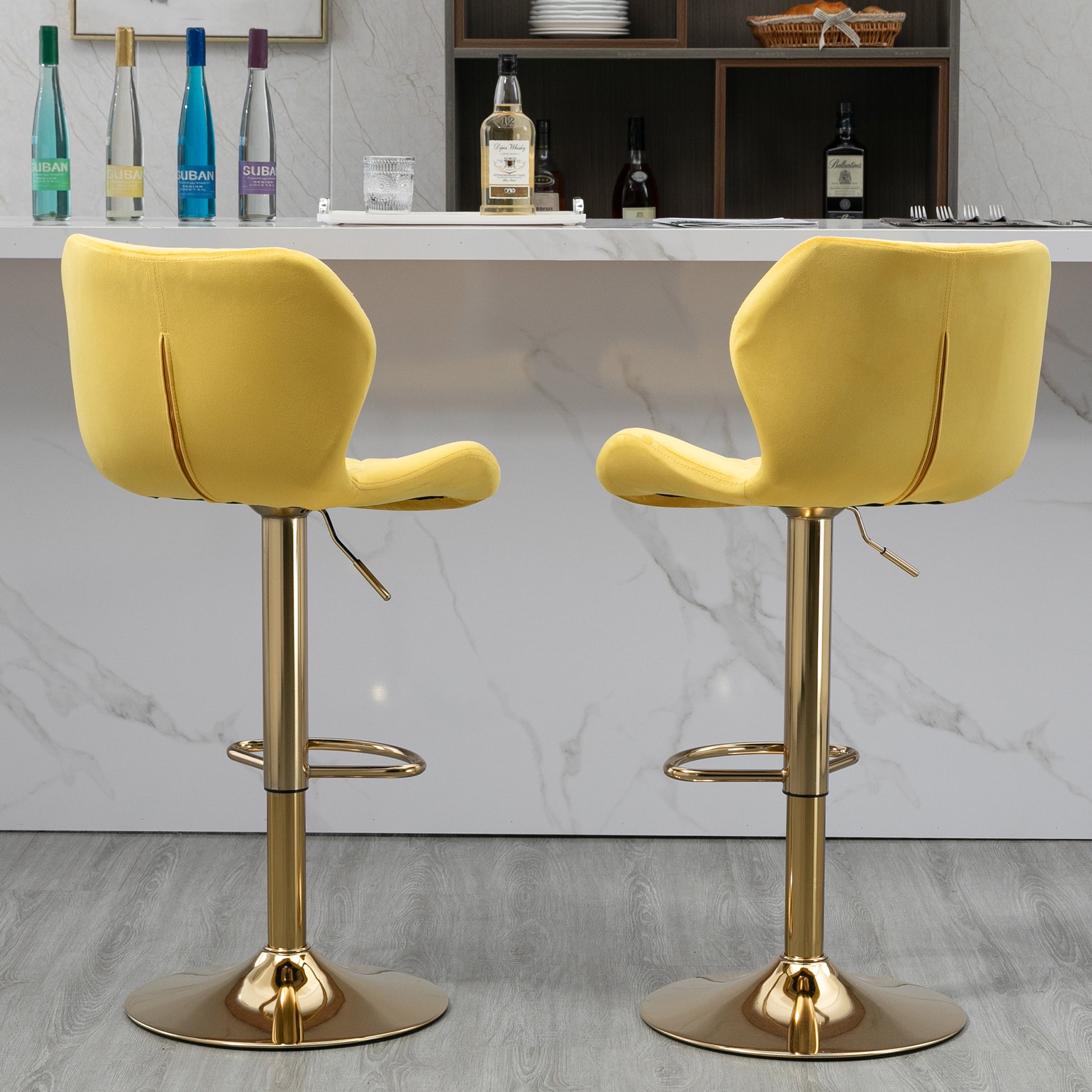 Yellow Velvet Adjustable Swivel Bar Stools Set Of 2 Modern Counter Height Barstools With Golden Color Base Yellow Primary Living Space Modern Bar Stools Foam Velvet