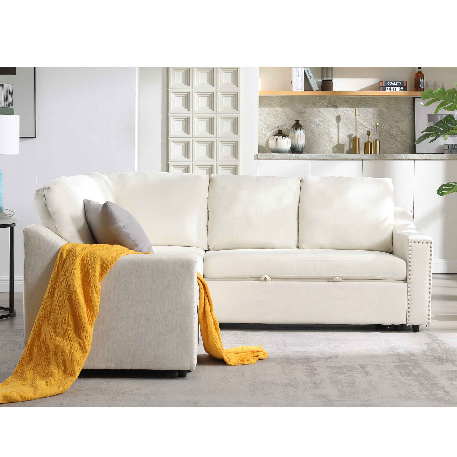 Arrived L Shaped Sofa With Pull Out Sofa Bed, Corner Sofa,Comfortable Living Room Furniture Set, Sleeper Sofa Bed,Corner Seat For Two With Broaching Sofa,Rivet Dechenille,Beige Beige Polyester Wood Primary Living Space Modern Polyester 5 Seat