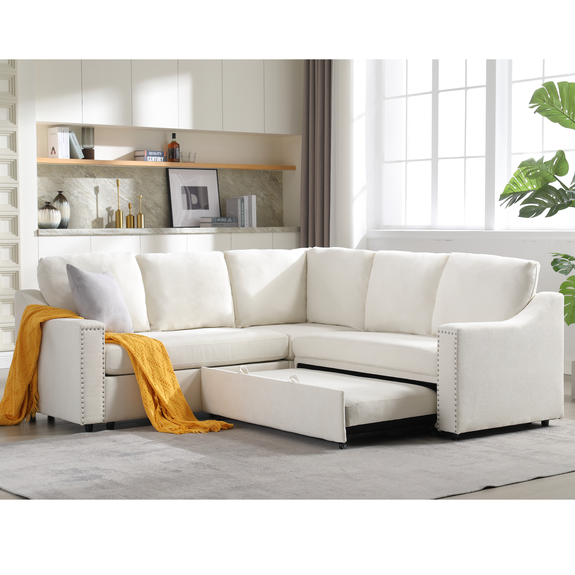 Arrived L Shaped Sofa With Pull Out Sofa Bed, Corner Sofa,Comfortable Living Room Furniture Set, Sleeper Sofa Bed,Corner Seat For Two With Broaching Sofa,Rivet Dechenille,Beige Beige Polyester Wood Primary Living Space Modern Polyester 5 Seat