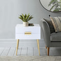 White And Gold Side Table With 2 Drawer White Gold White Primary Living Space Mid Century Modern Drawers Square Wood Metal