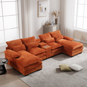 U Shape Sofa Orange Solid Wood 4 Seat