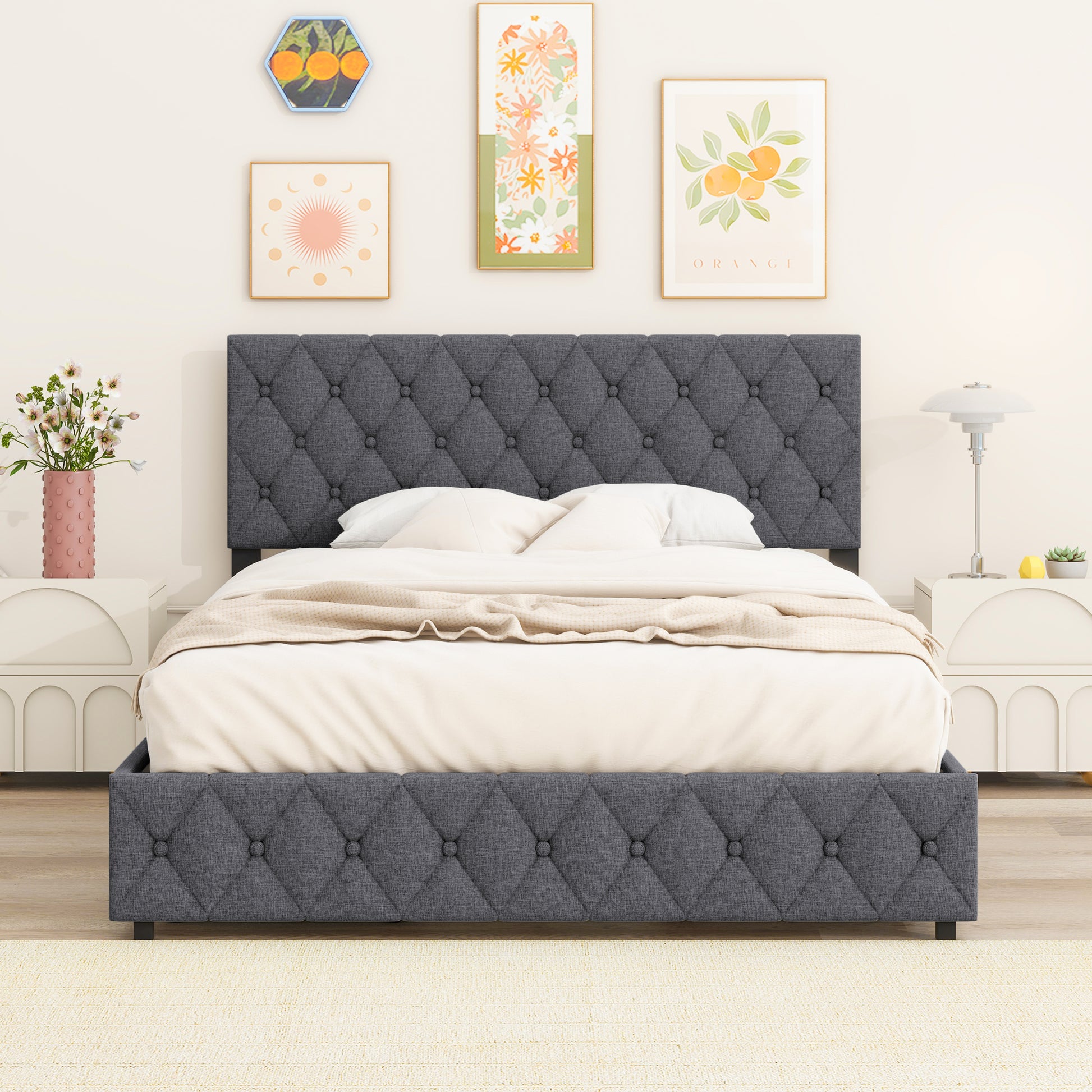 Queen Size Upholstered Platform Bed Frame With 4 Storage Drawers, Adjustable Linen Headboard, Wooden Slats Support, No Box Spring Needed, Easy Assembly,Grey Box Spring Not Required Queen Grey Wood Bedroom American Design Bed Frame Linen Linen