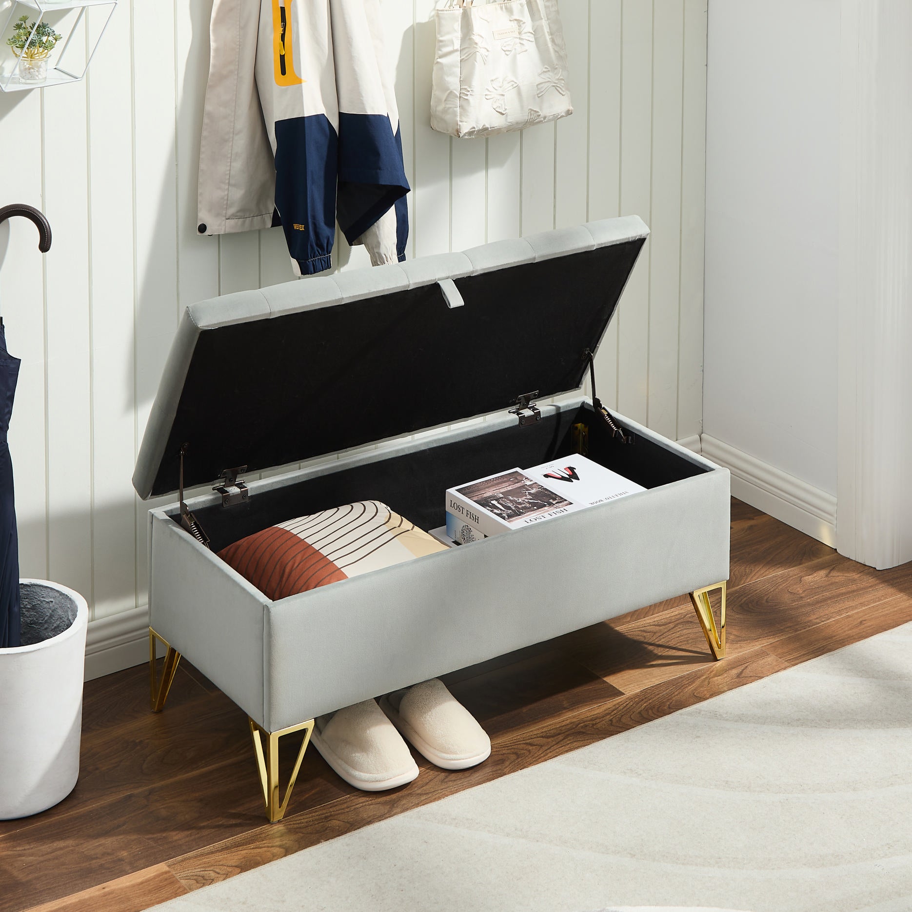 Fashion Light Grey Velvet Fabric Upholstered Large Storage Rectangular Bench For Entryway Bench,Bedroom End Of Bed Bench.Foot Of The Bed,Bench For Sofa For Living Room. Gold Feet Stainless Steel Gray Fabric