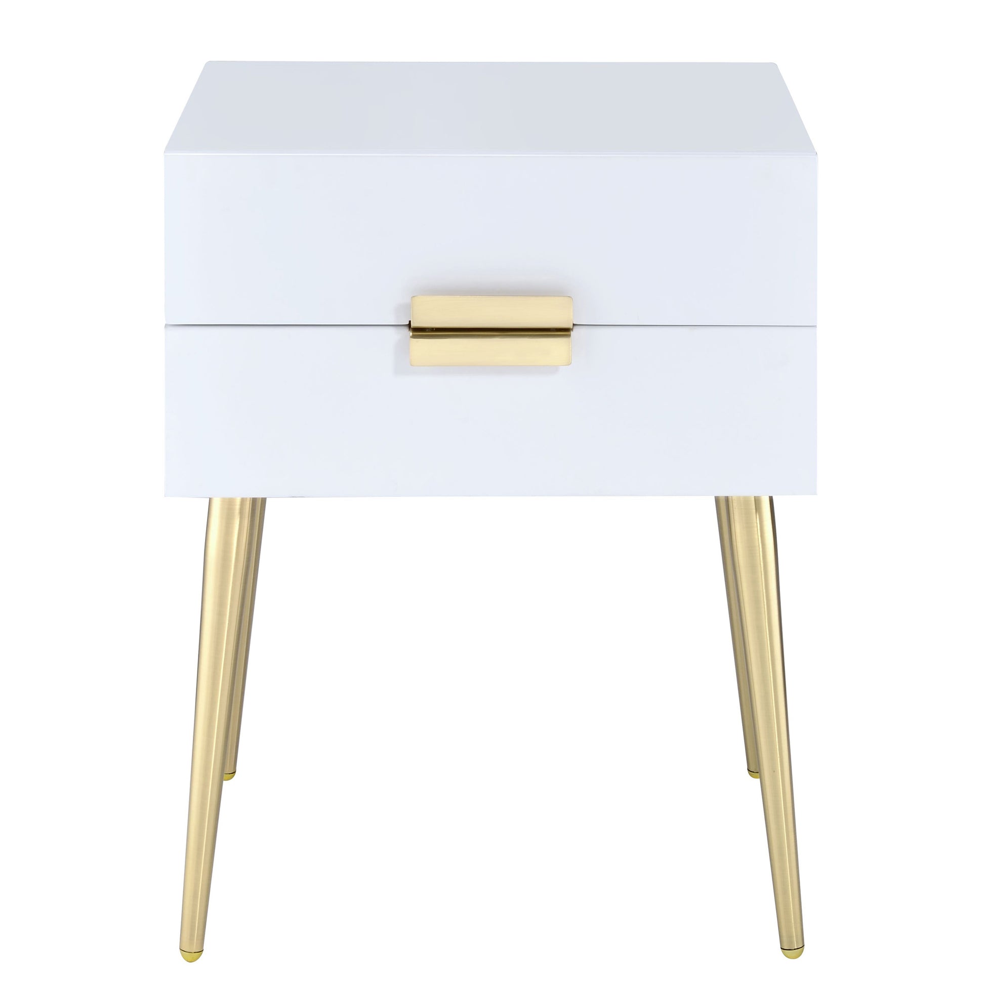 White And Gold Side Table With 2 Drawer White Gold White Primary Living Space Mid Century Modern Drawers Square Wood Metal