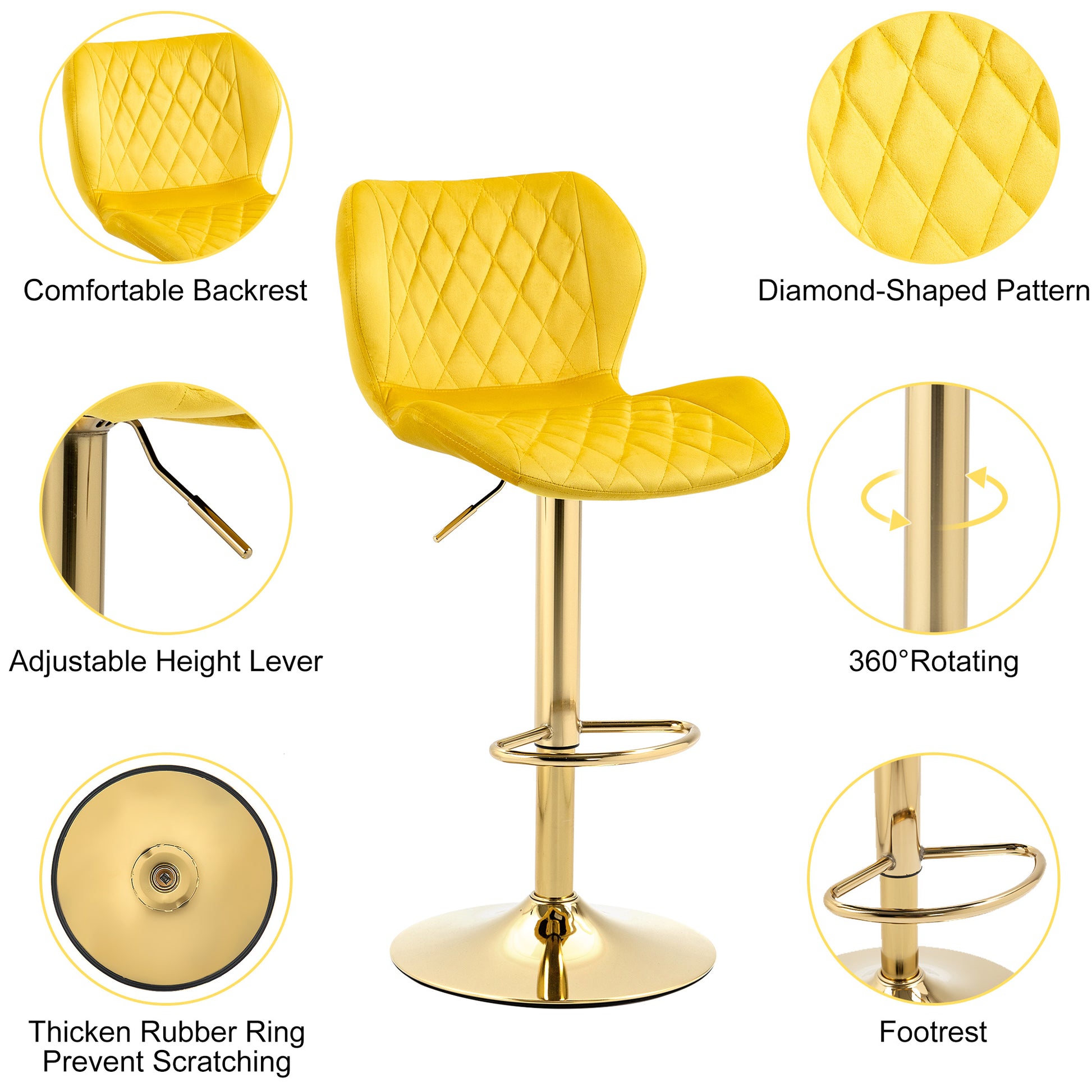 Yellow Velvet Adjustable Swivel Bar Stools Set Of 2 Modern Counter Height Barstools With Golden Color Base Yellow Primary Living Space Modern Bar Stools Foam Velvet