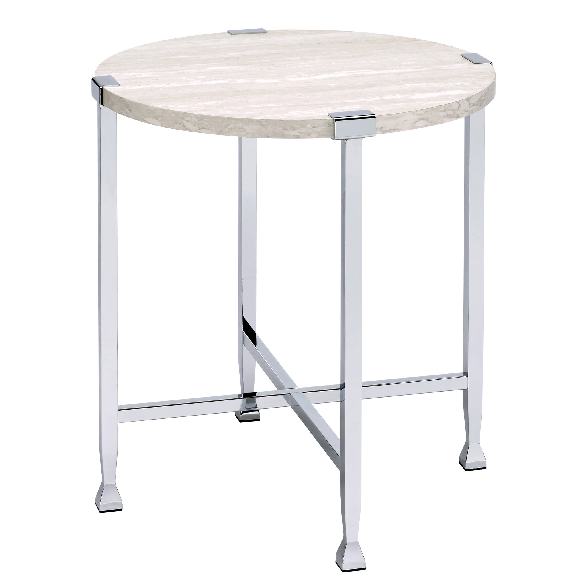 White Oak And Chrome End Table With X Shape Base White Silver White Primary Living Space Modern Round Wood Metal