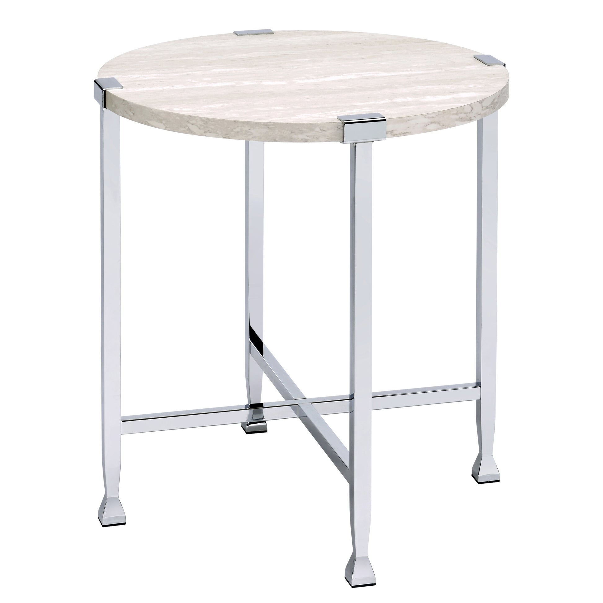 White Oak And Chrome End Table With X Shape Base White Silver White Primary Living Space Modern Round Wood Metal
