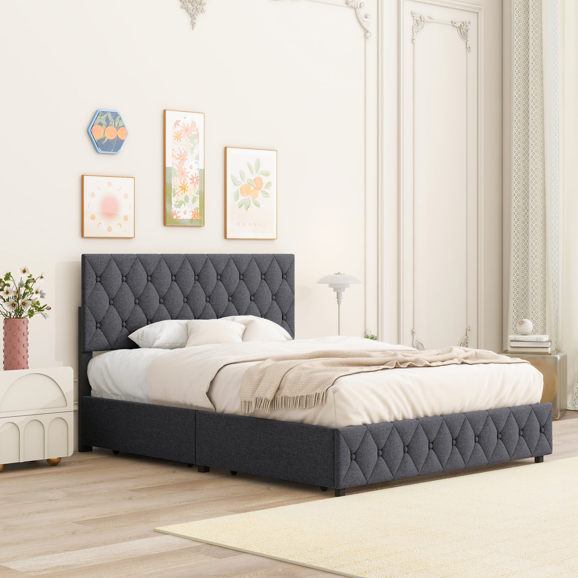 Full Size Upholstered Platform Bed Frame With 4 Storage Drawers, Adjustable Linen Headboard, Wooden Slats Support, No Box Spring Needed, Easy Assembly,Grey Box Spring Not Required Full Grey Wood Bedroom American Design Bed Frame Linen Linen