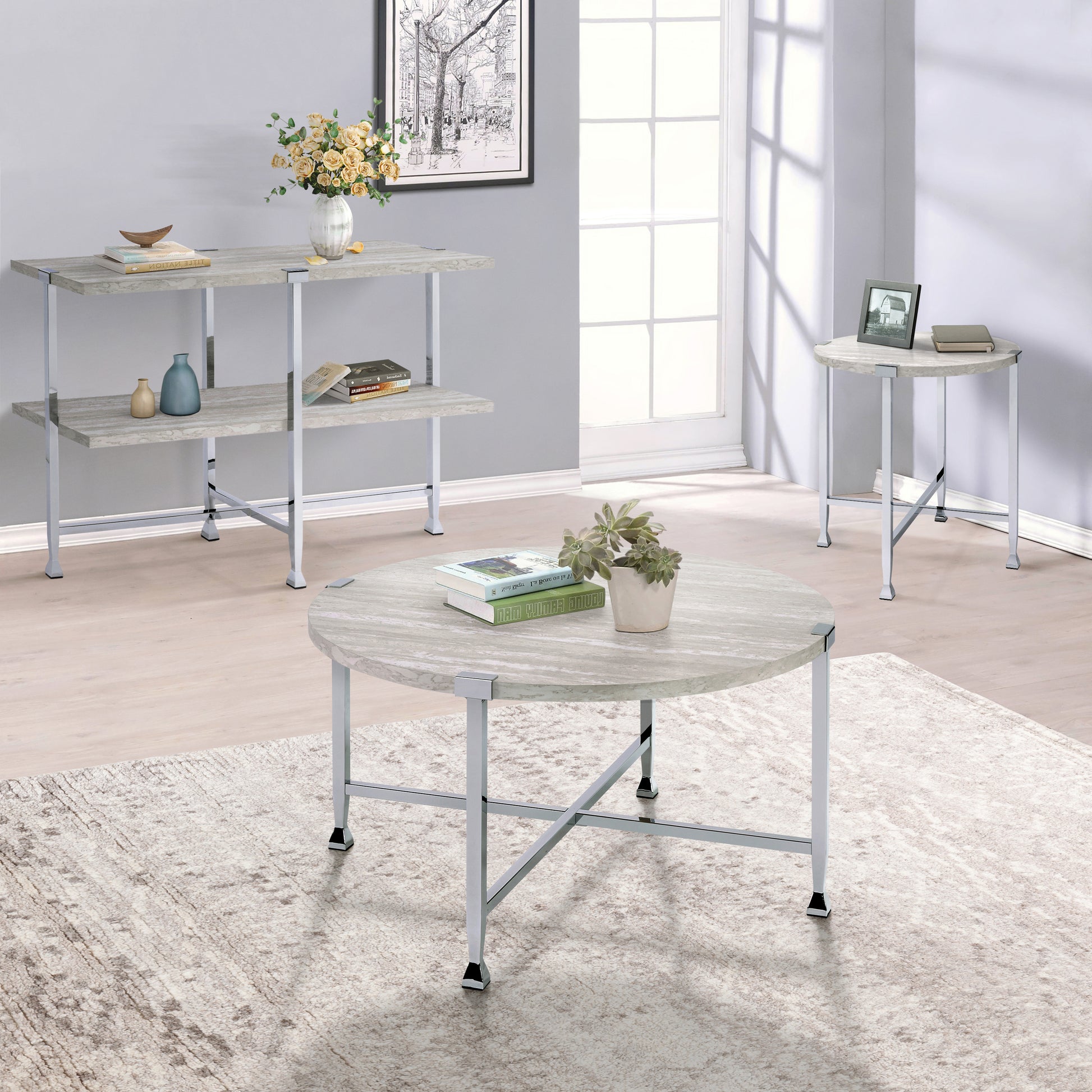 White Oak And Chrome End Table With X Shape Base White Silver White Primary Living Space Modern Round Wood Metal