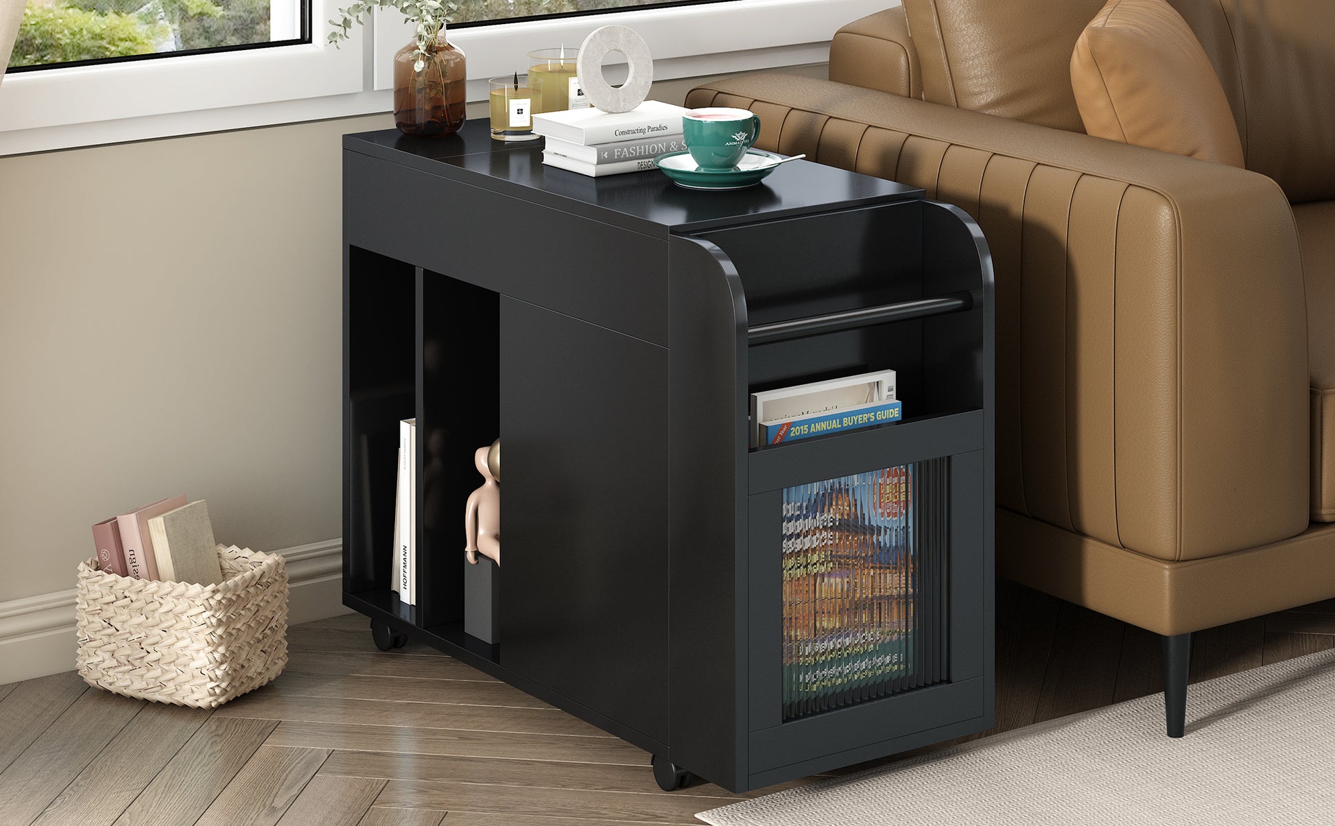 Multifunctional Extendable End Table With Wheels, Side Table With Tempered Glass Door, 2 Storage Shelves, 2 Drawers For Living Room, Black Black Mdf