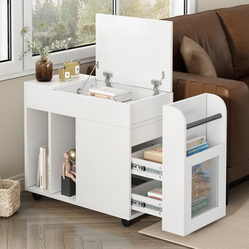 Multifunctional End Table With Wheels, Side Table With Tempered Glass Door, 2 Storage Shelves, 2 Drawers For Living Room, White White Mdf