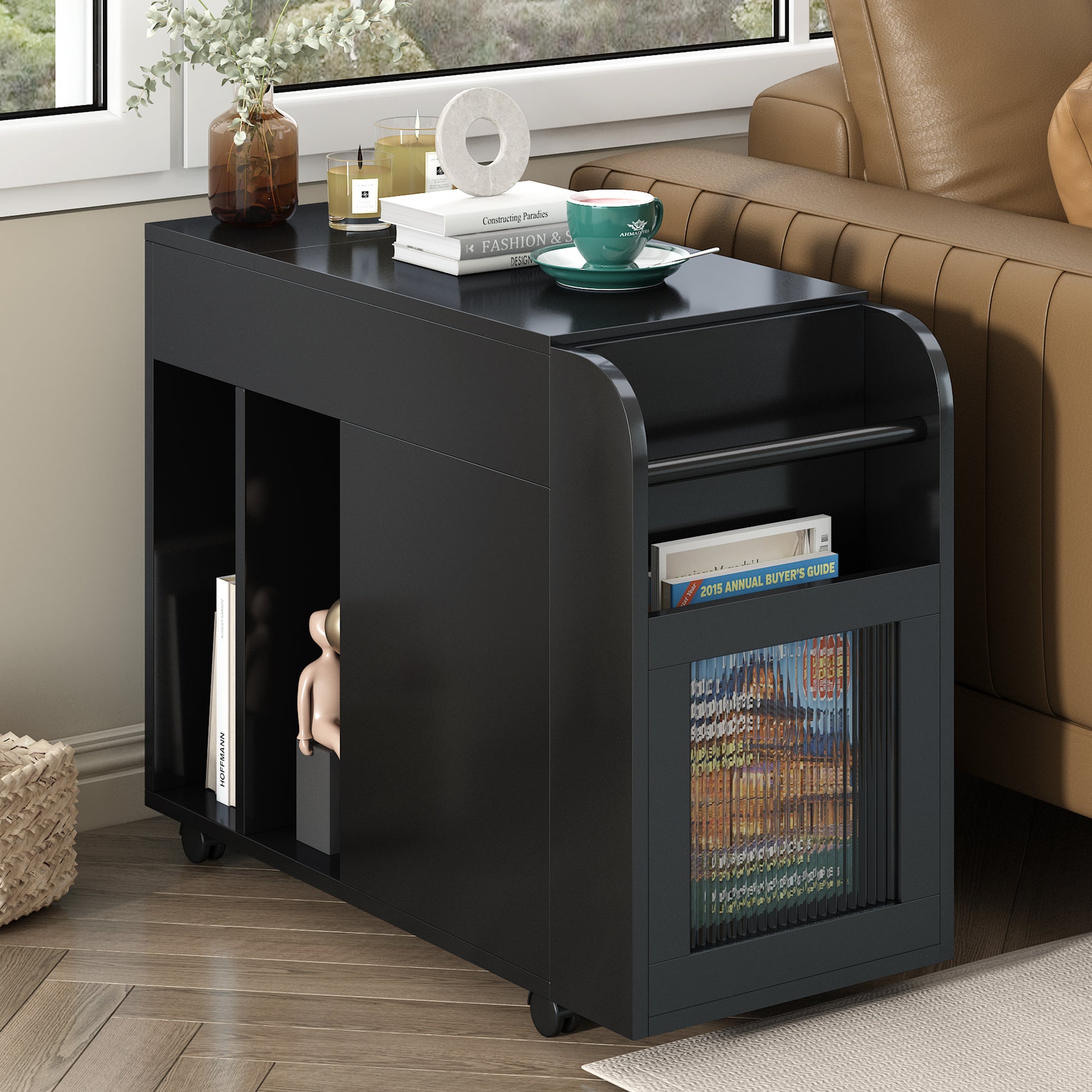 Multifunctional Extendable End Table With Wheels, Side Table With Tempered Glass Door, 2 Storage Shelves, 2 Drawers For Living Room, Black Black Mdf