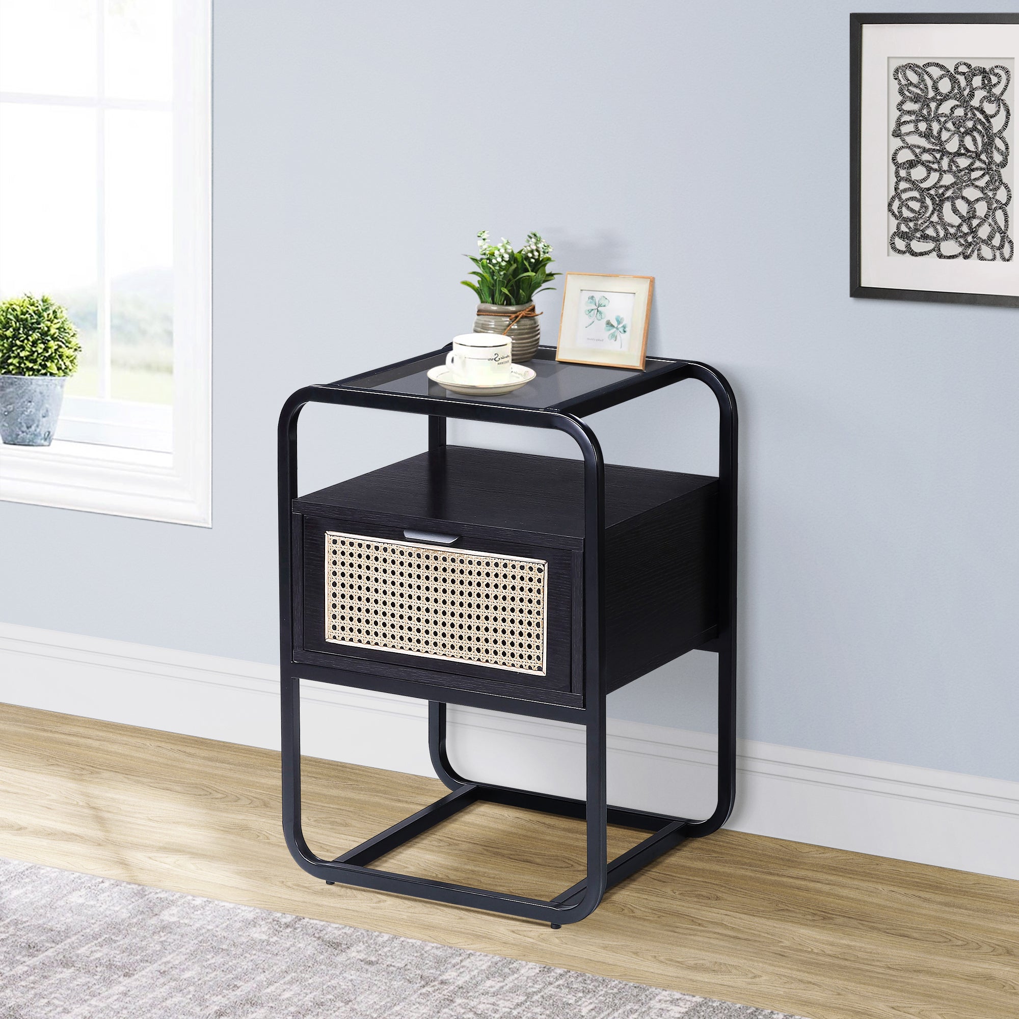 Black Accent Table With Glass Top Black Primary Living Space Drawers Rectangular Wood Sled