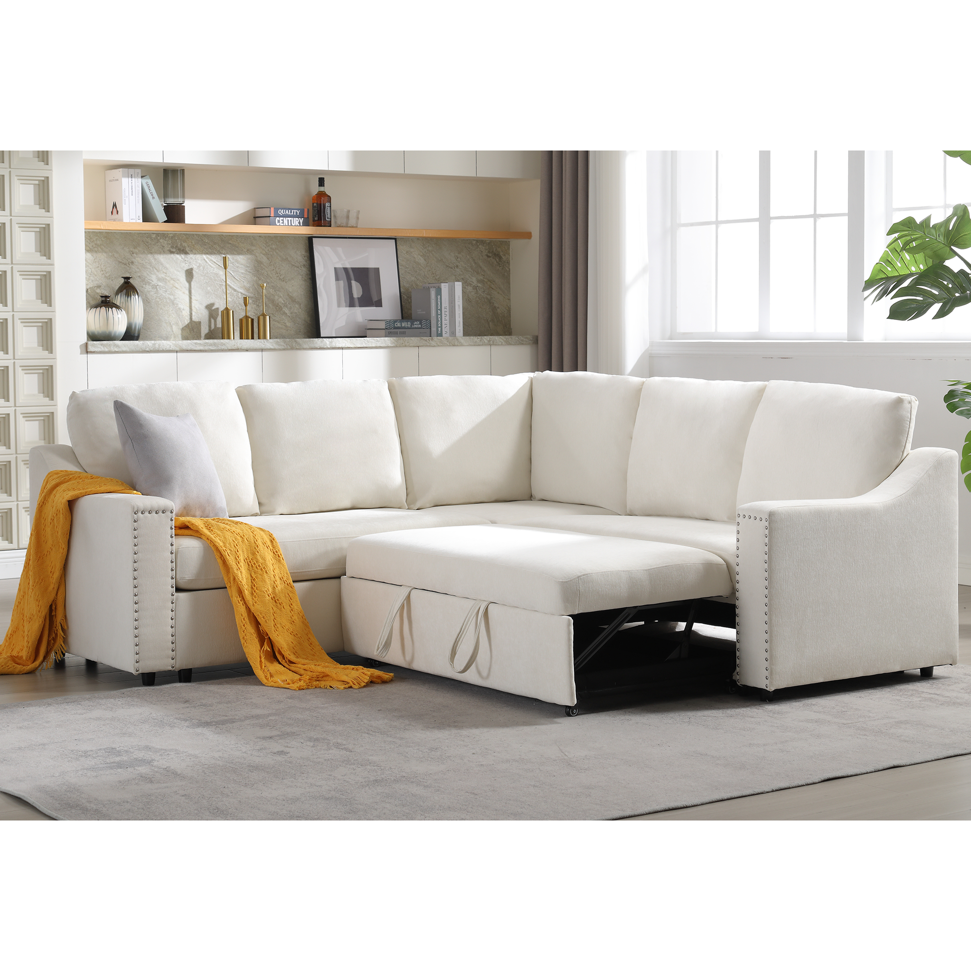 Arrived L Shaped Sofa With Pull Out Sofa Bed, Corner Sofa,Comfortable Living Room Furniture Set, Sleeper Sofa Bed,Corner Seat For Two With Broaching Sofa,Rivet Dechenille,Beige Beige Polyester Wood Primary Living Space Modern Polyester 5 Seat