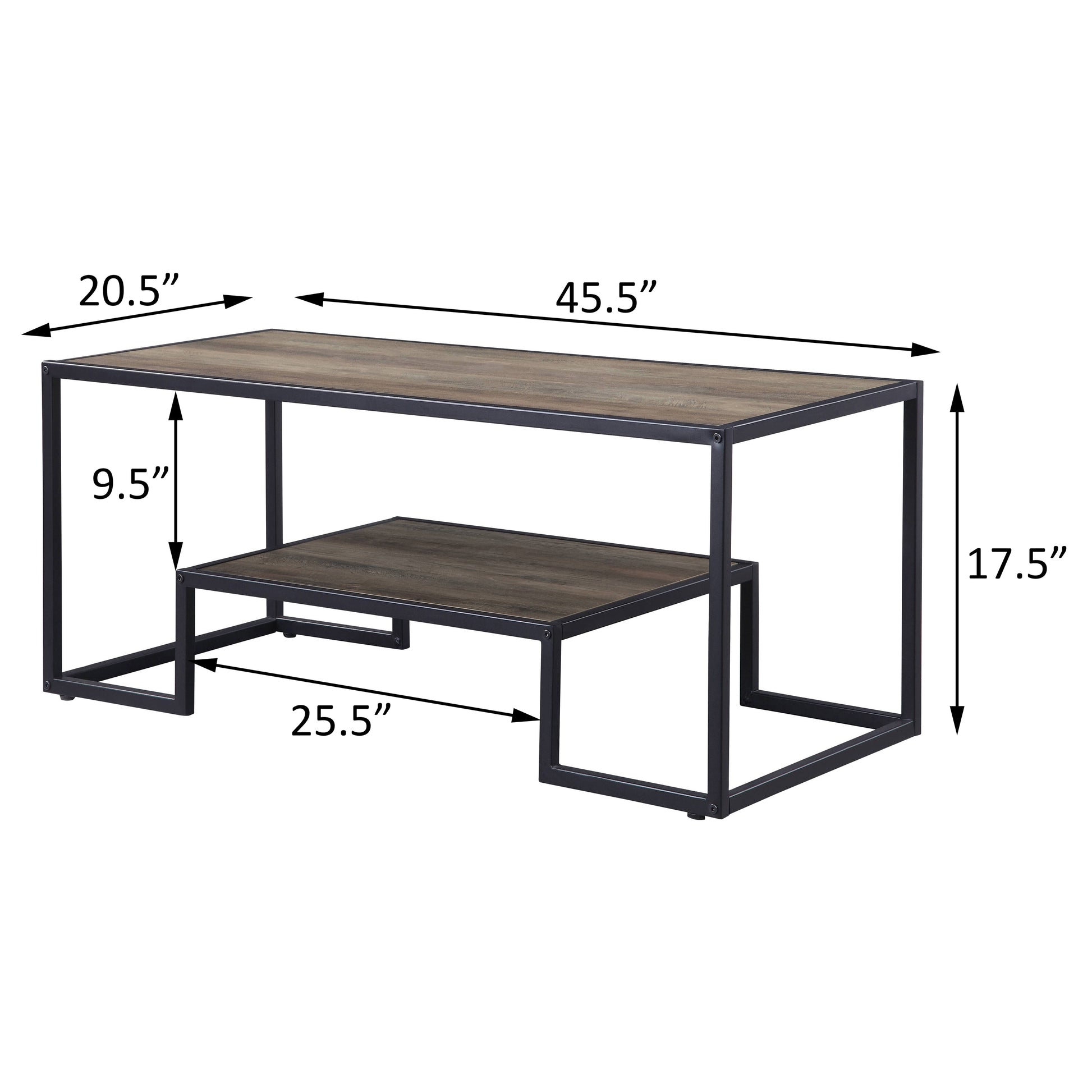 Rustic Oak And Black Coffee Table With Shelf Black Brown Primary Living Space Industrial Shelves Rectangular Wood Metal Sled