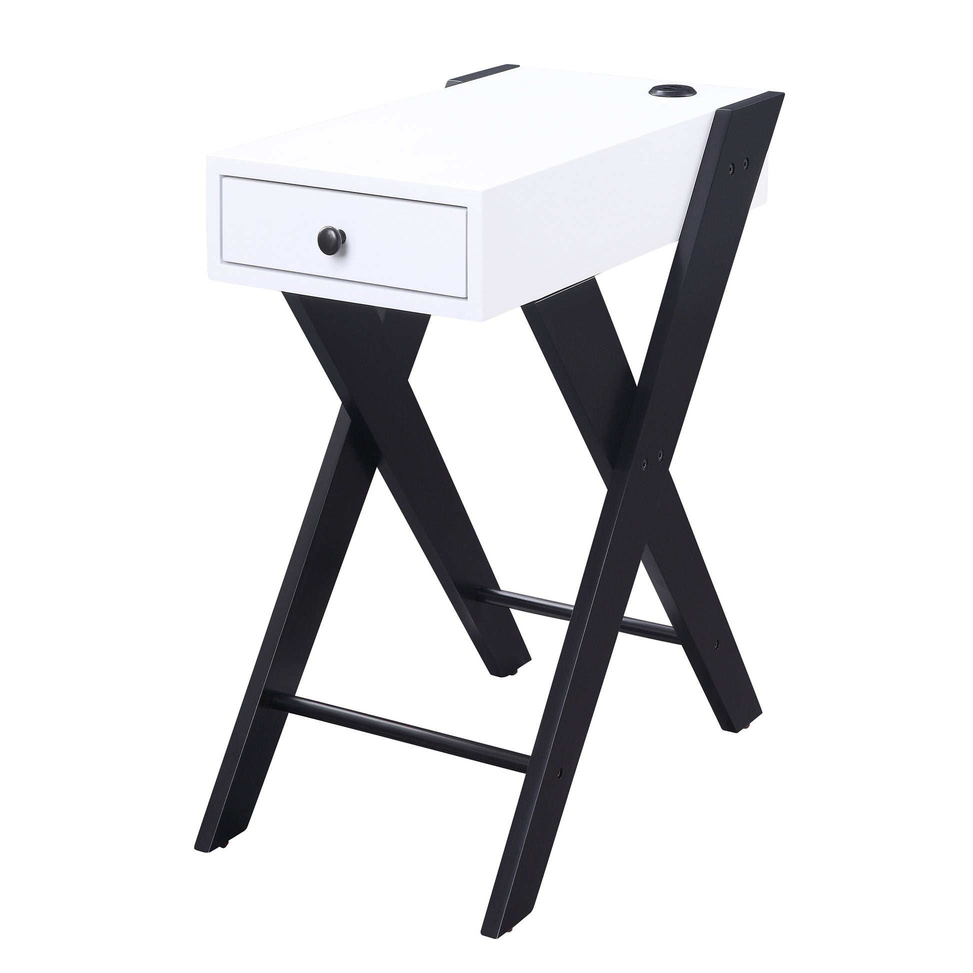 White And Black Side Table With Usb Ports White Black White Primary Living Space Glam Pine Drawers Rectangular Wood