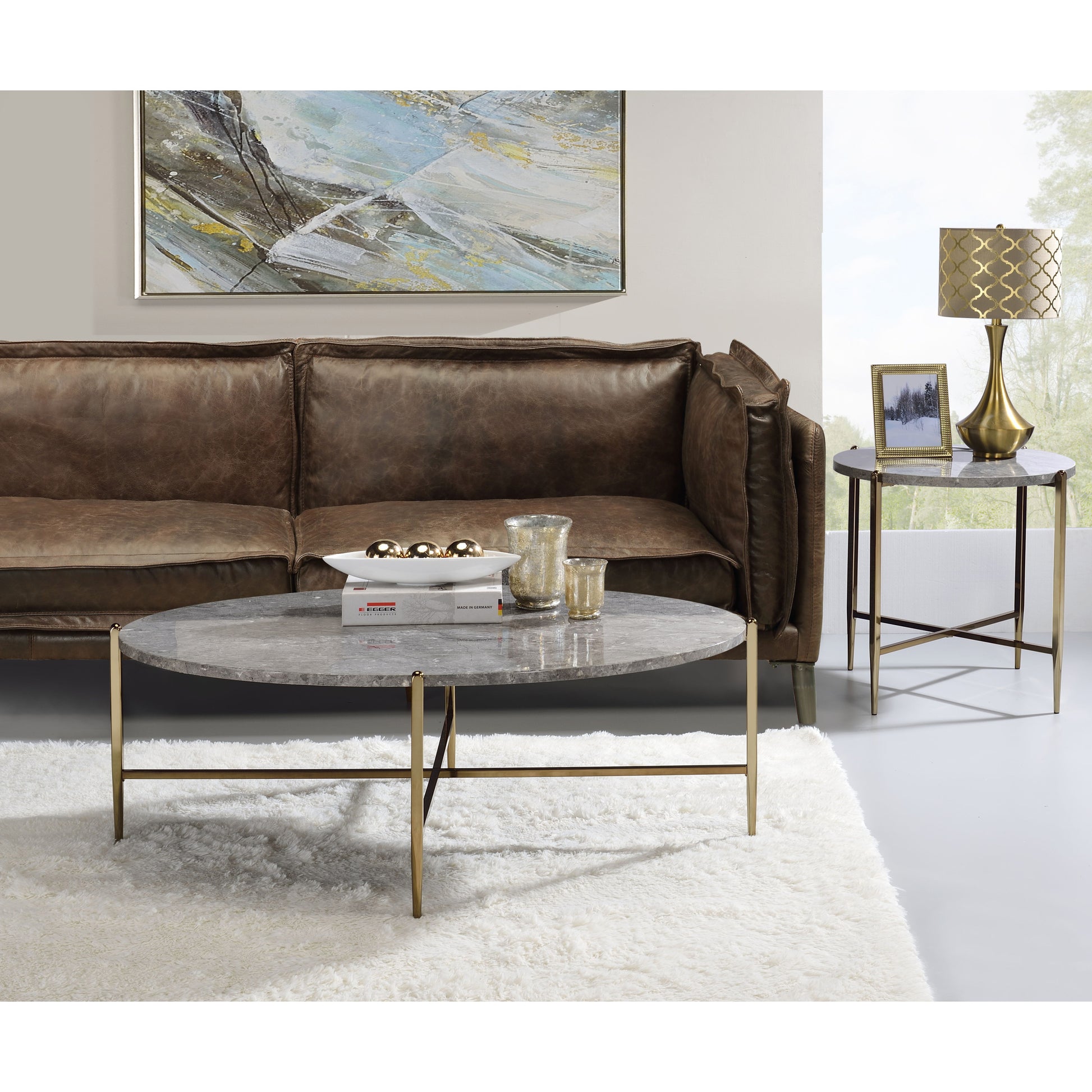 Grey And Champagne Round End Table Grey Gold Primary Living Space Modern Round Wood Metal