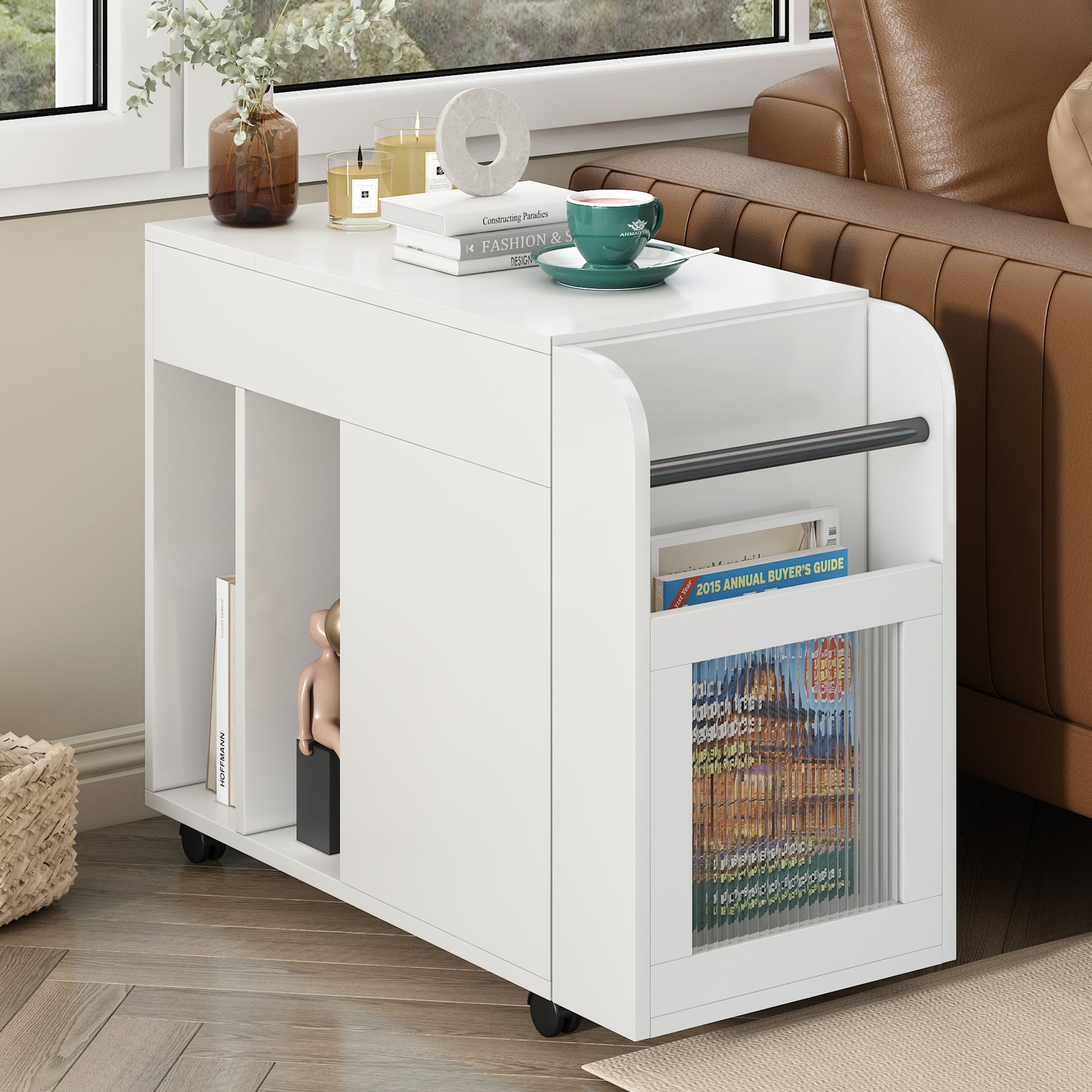 Multifunctional End Table With Wheels, Side Table With Tempered Glass Door, 2 Storage Shelves, 2 Drawers For Living Room, White White Mdf