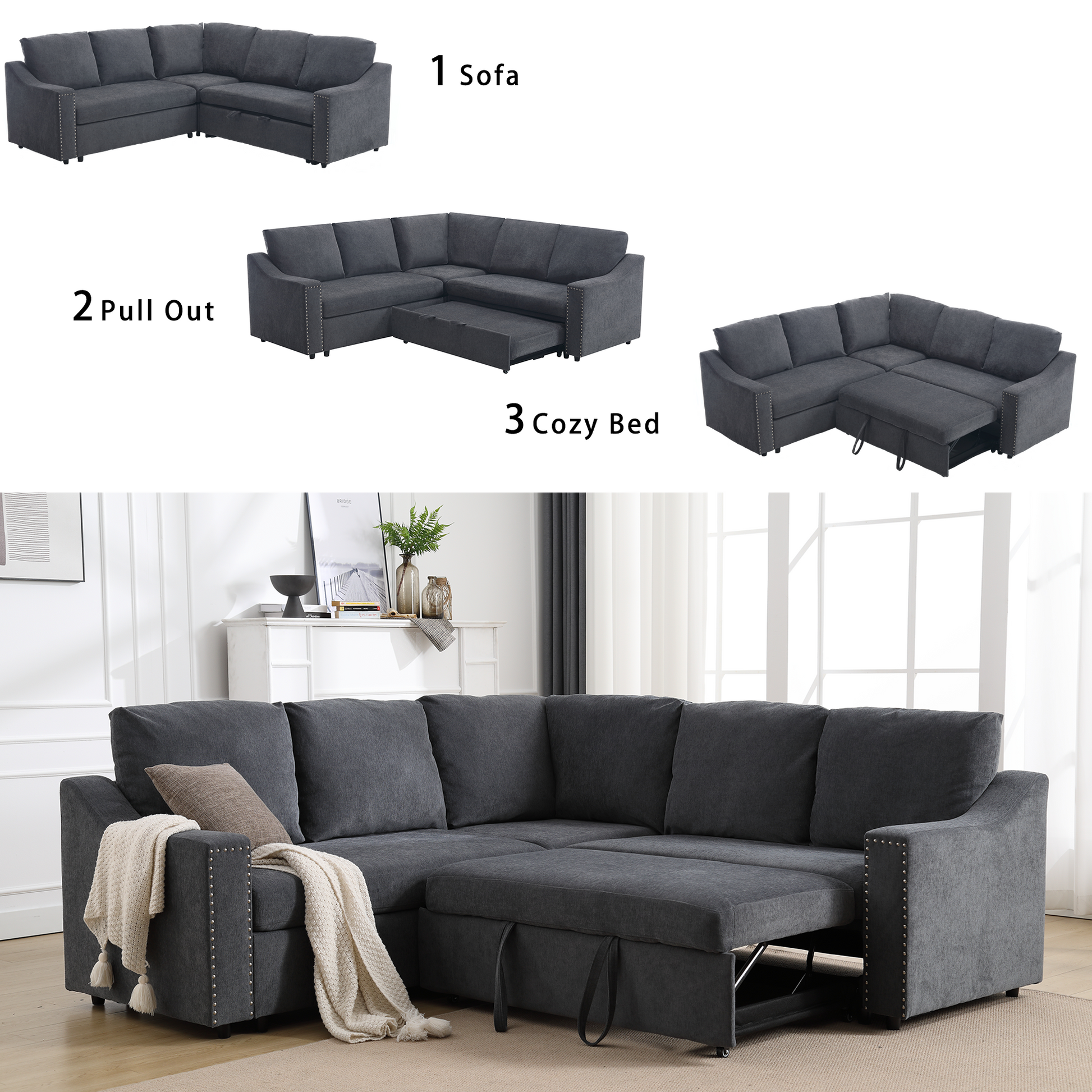 Arrived L Shaped Sofa With Pull Out Sofa Bed, Corner Sofa,Comfortable Living Room Furniture Set, Sleeper Sofa Bed,Corner Seat For Two With Broaching Sofa,Rivet Dechenille,Gray Gray Polyester Wood Primary Living Space Modern Polyester 5 Seat
