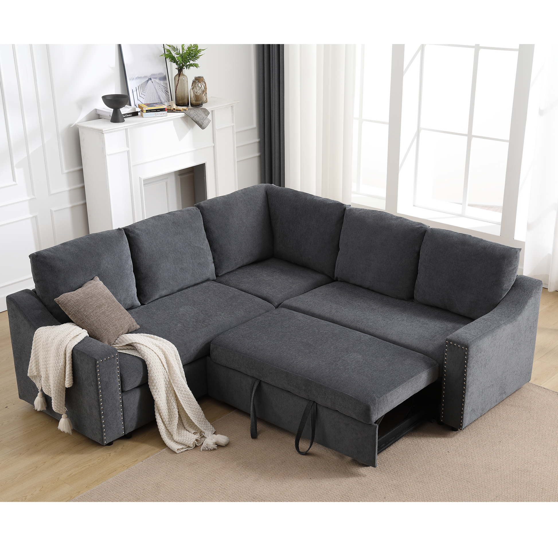 Arrived L Shaped Sofa With Pull Out Sofa Bed, Corner Sofa,Comfortable Living Room Furniture Set, Sleeper Sofa Bed,Corner Seat For Two With Broaching Sofa,Rivet Dechenille,Gray Gray Polyester Wood Primary Living Space Modern Polyester 5 Seat