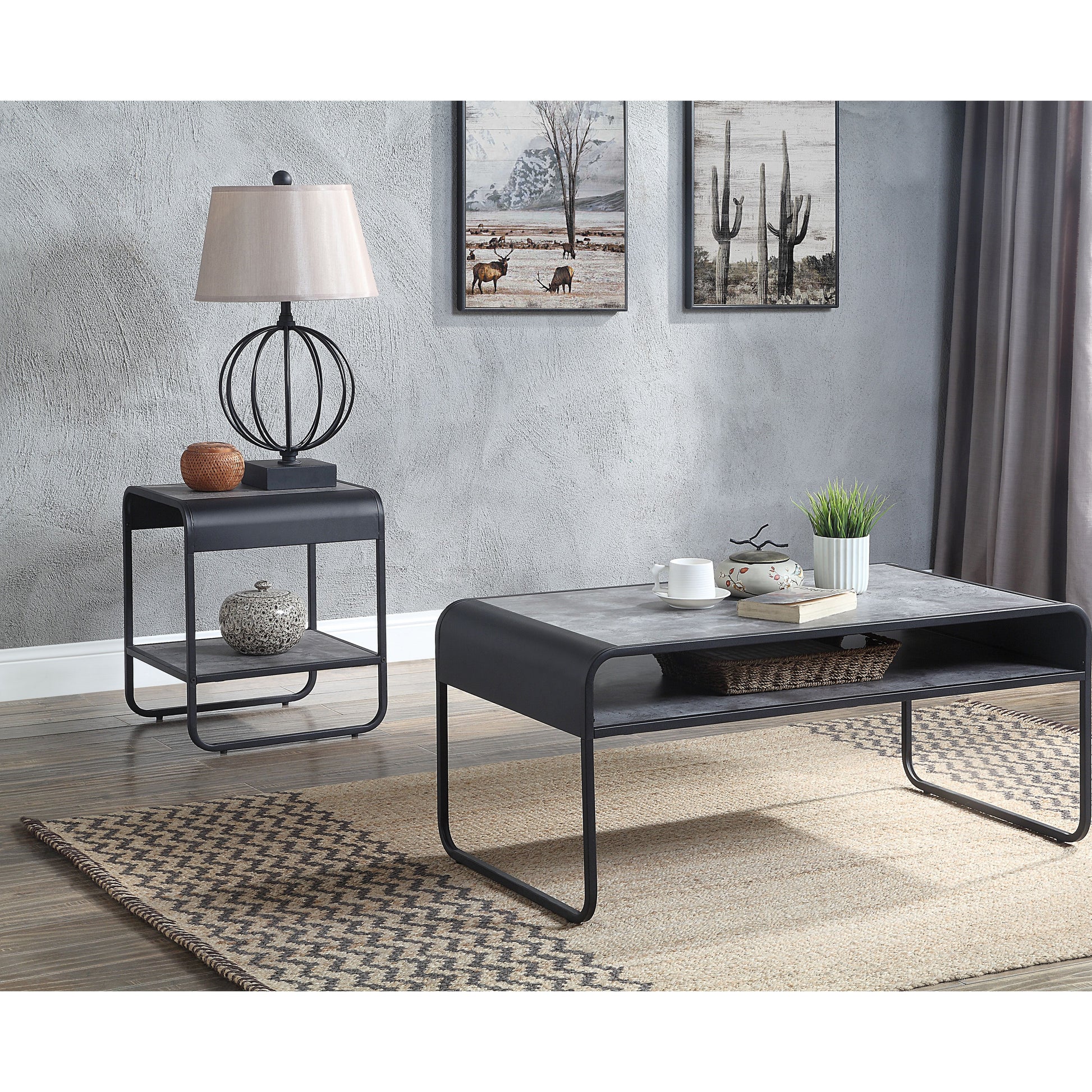 Concrete Grey And Black 1 Shelf End Table Grey Black Primary Living Space Modern Shelves Rectangular Wood Metal Sled