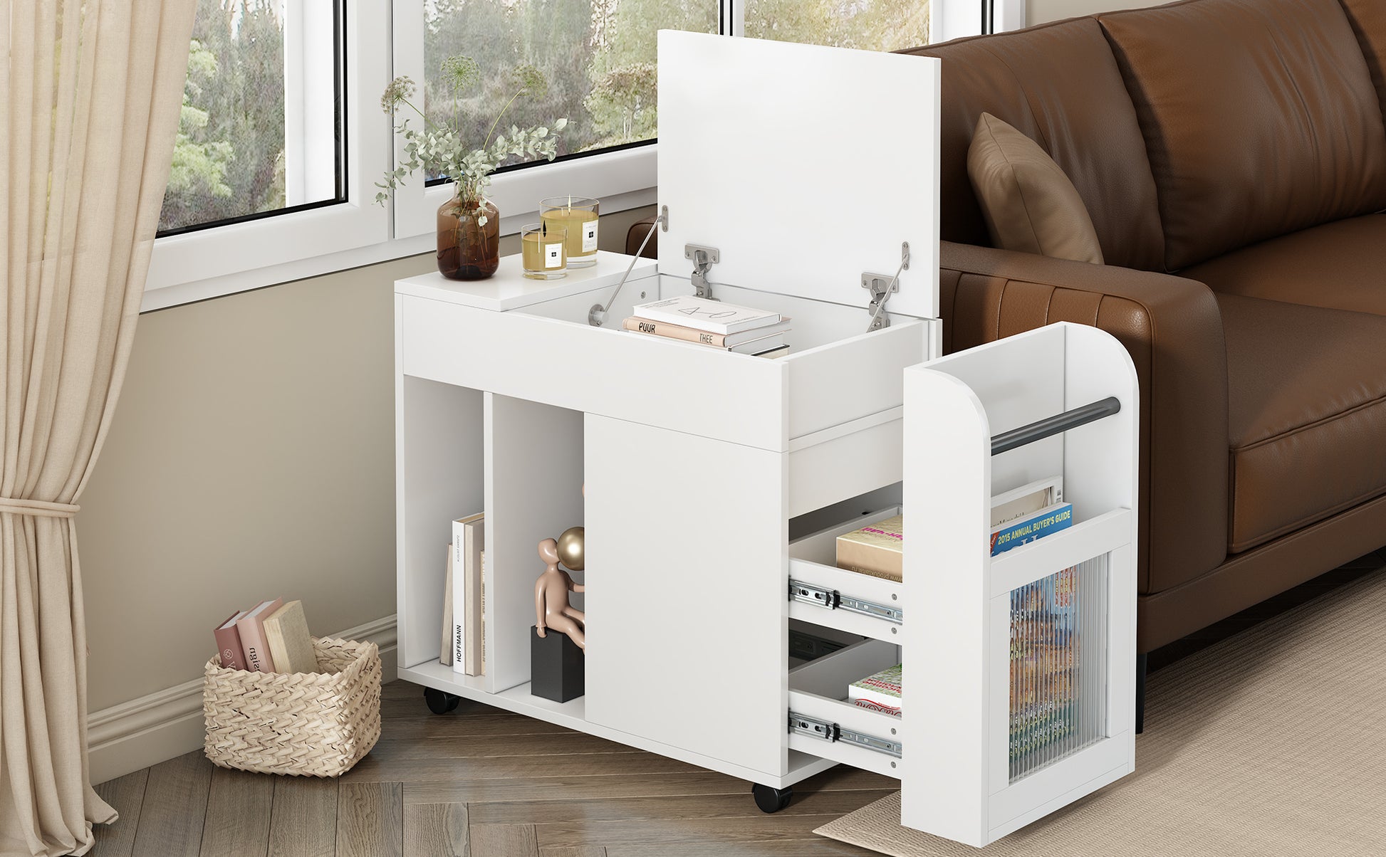 Multifunctional End Table With Wheels, Side Table With Tempered Glass Door, 2 Storage Shelves, 2 Drawers For Living Room, White White Mdf